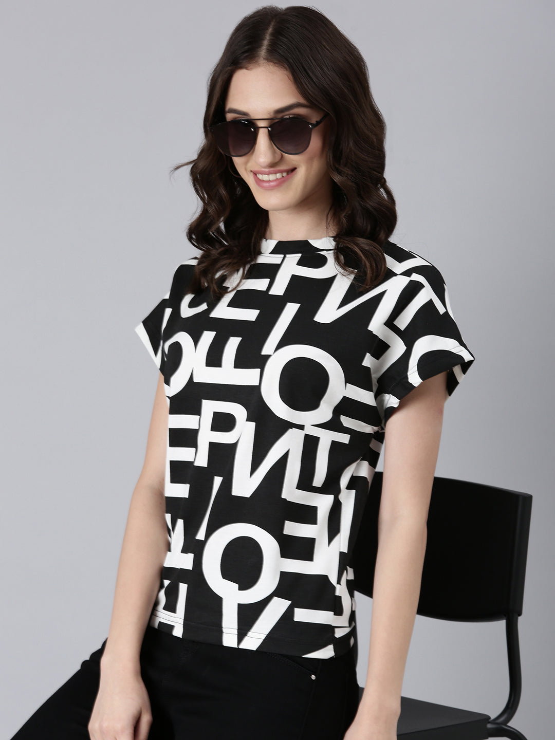 Women Black Typographic Boxy Tshirt