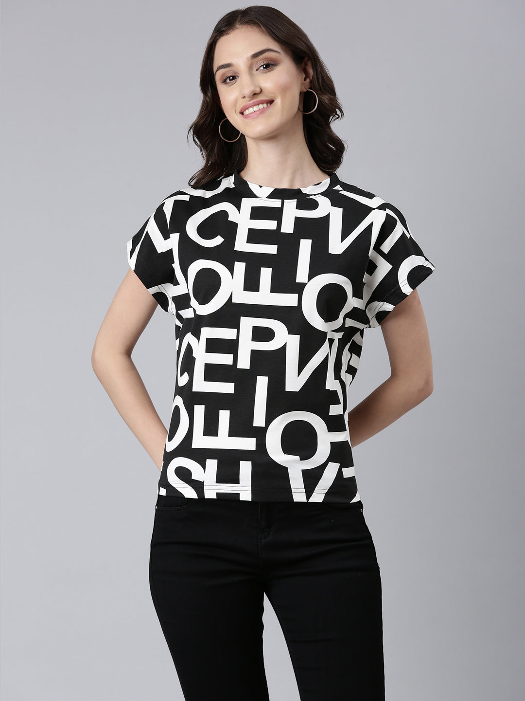 Women Black Typographic Boxy Tshirt