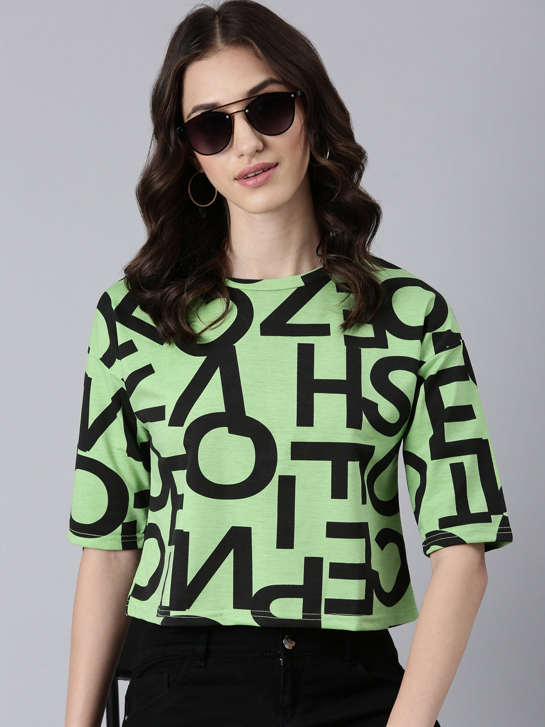 Women Green Typographic Crop Boxy Tshirt