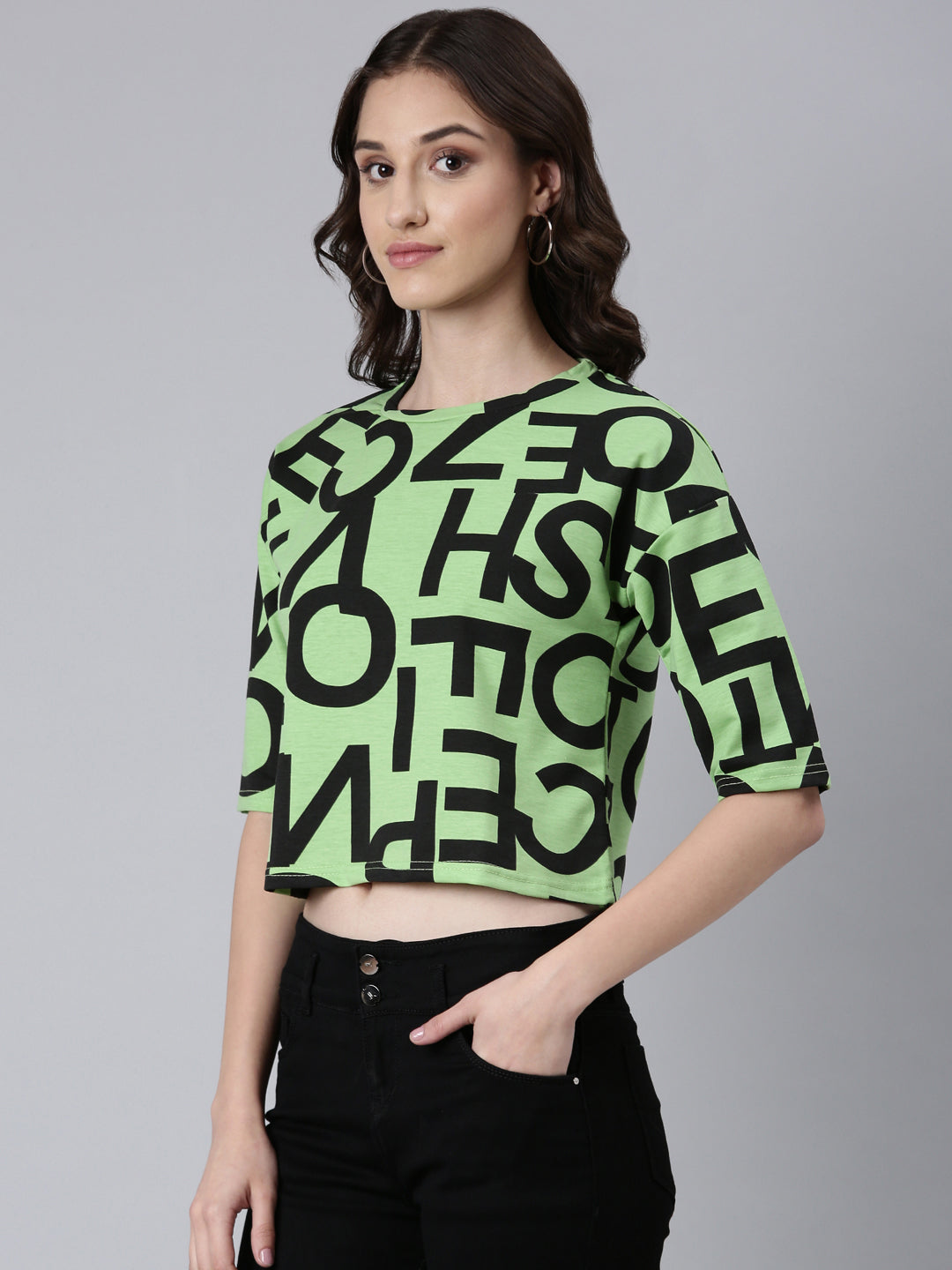 Women Green Typographic Crop Boxy Tshirt