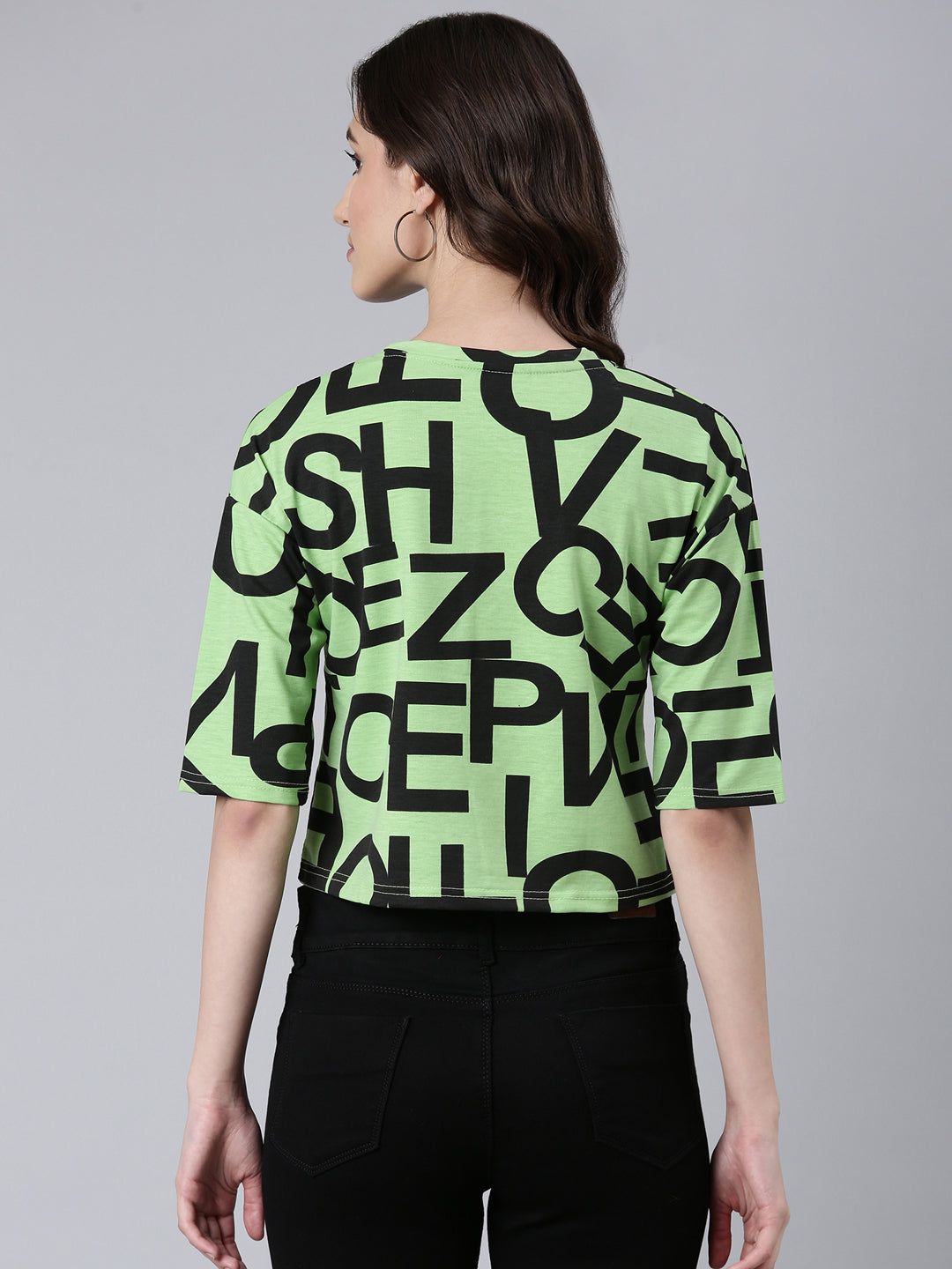 Women Green Typographic Crop Boxy Tshirt