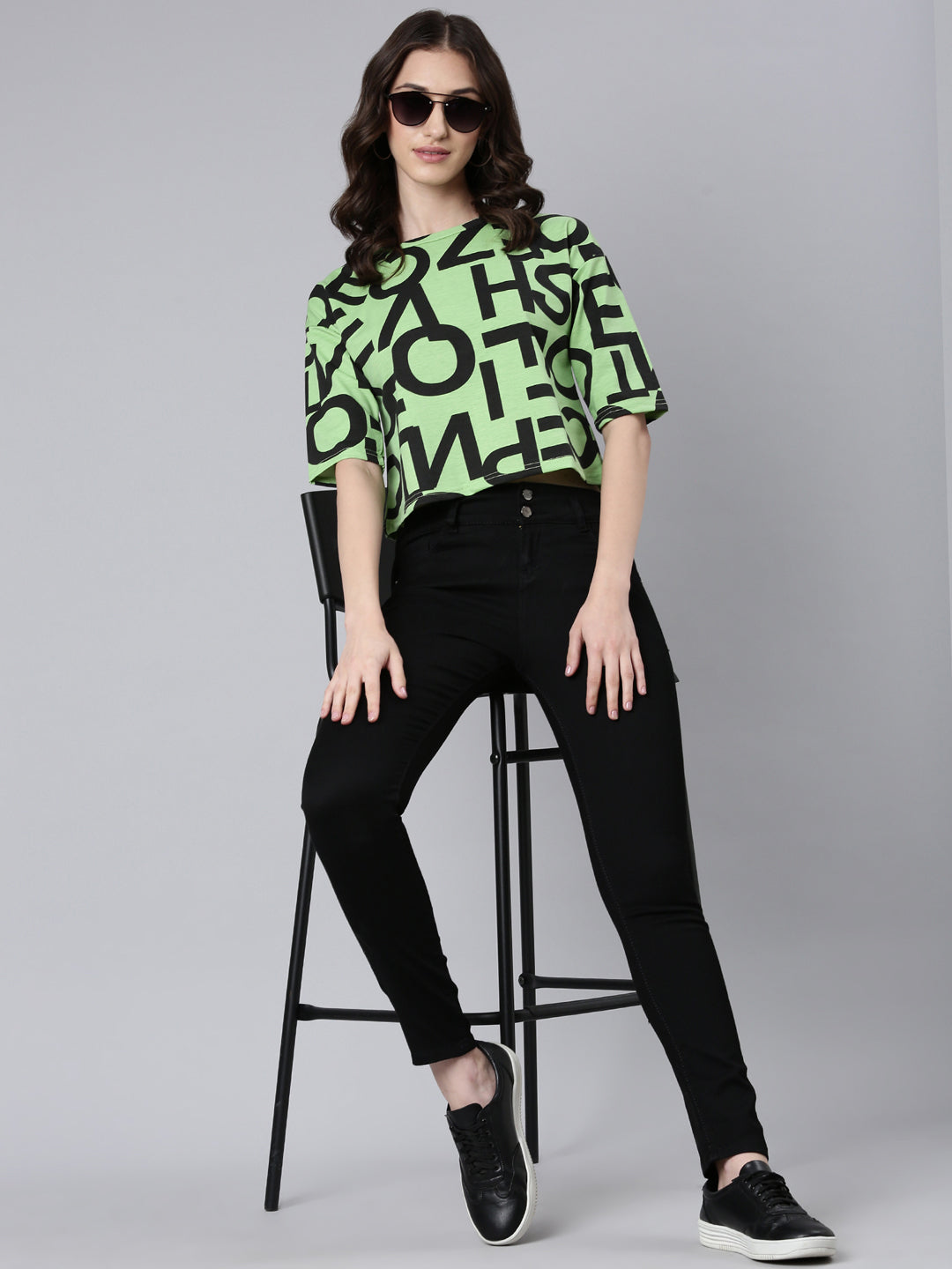 Women Green Typographic Crop Boxy Tshirt