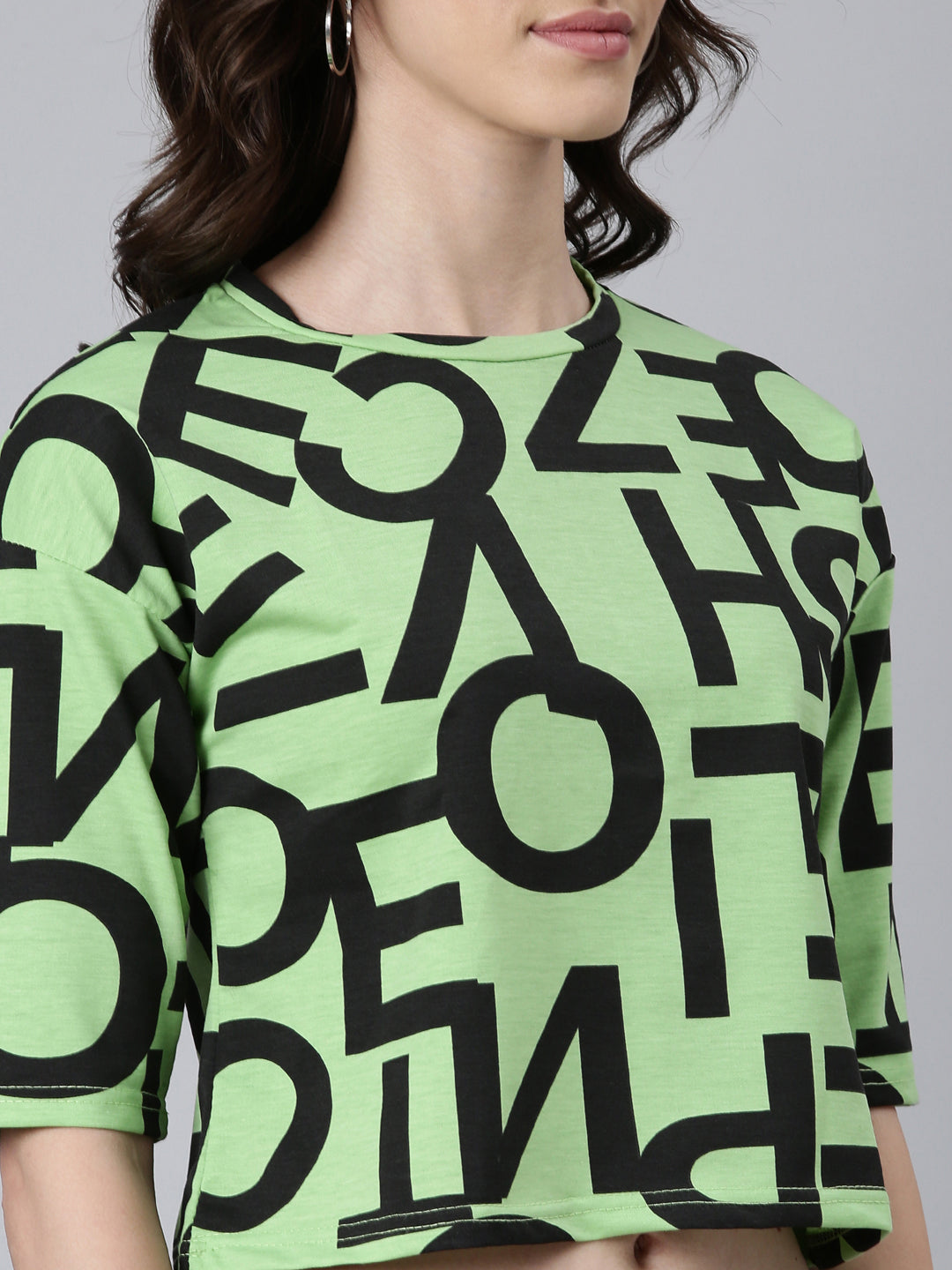 Women Green Typographic Crop Boxy Tshirt