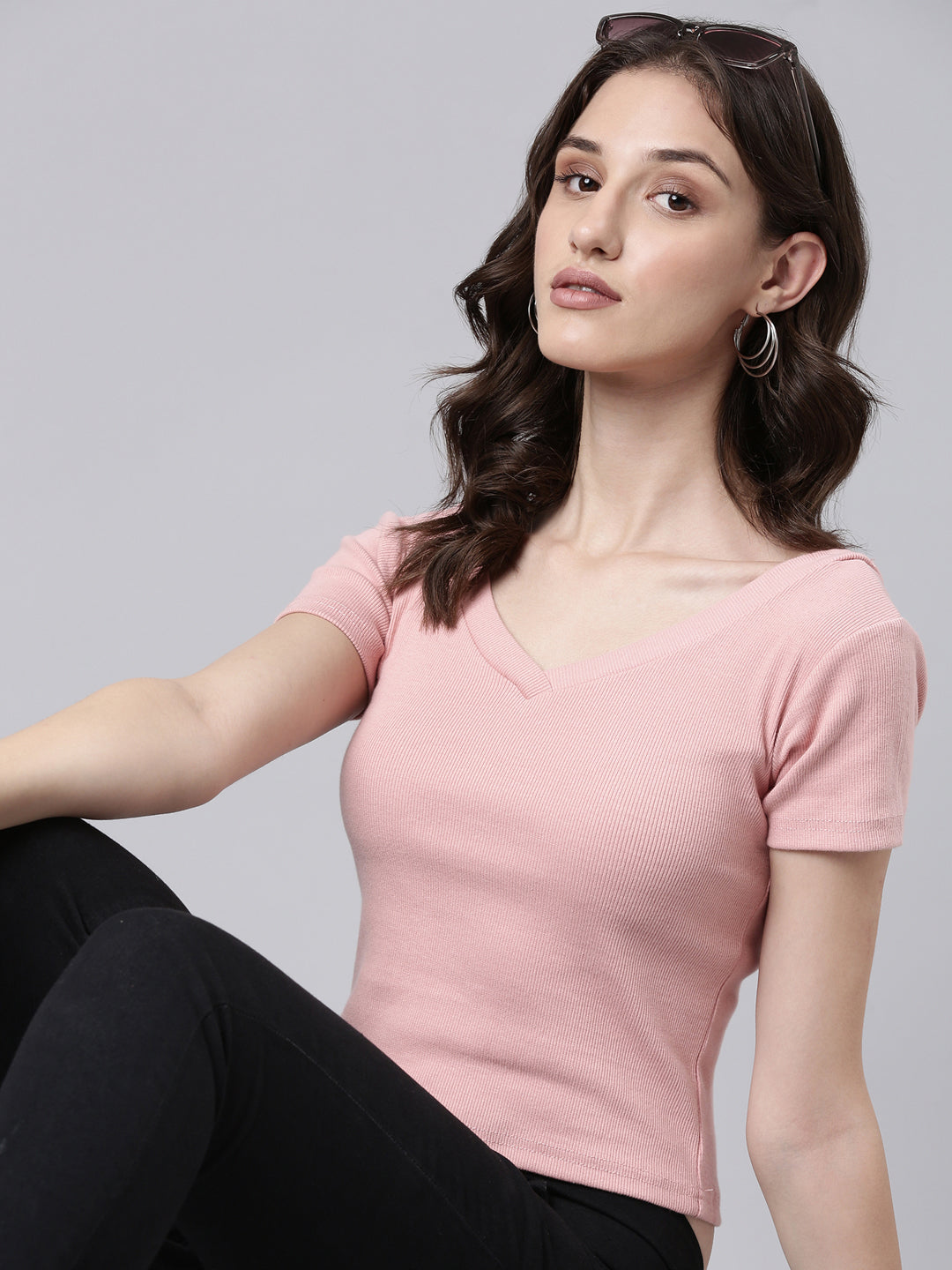 Women Peach Solid Crop Slim Fit Tshirt