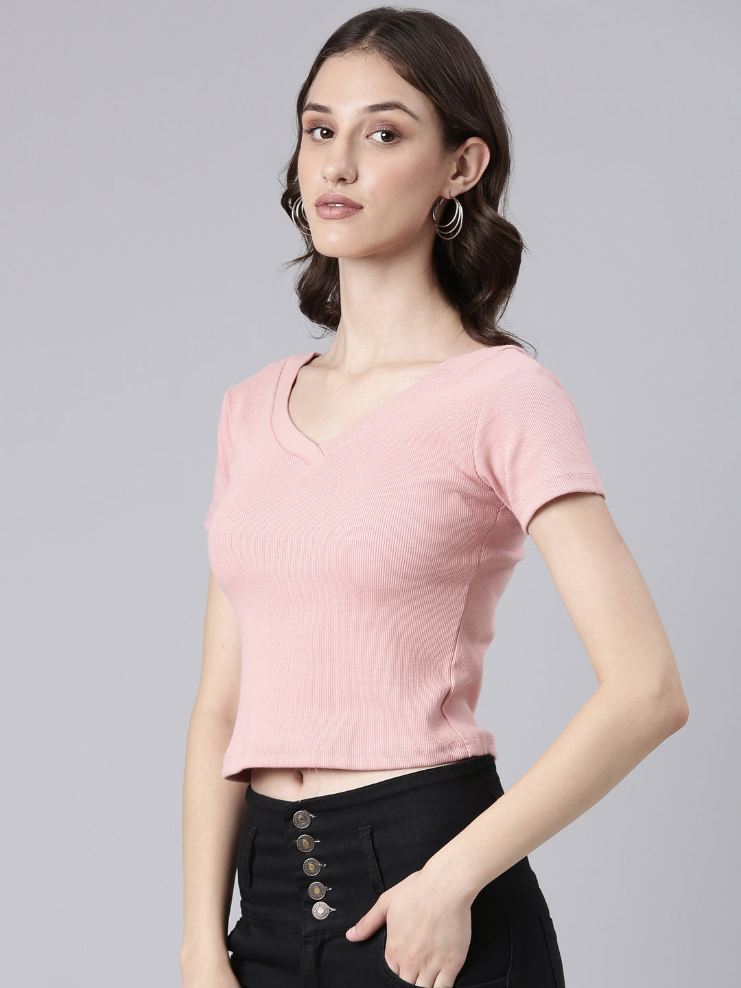 Women Peach Solid Crop Slim Fit Tshirt