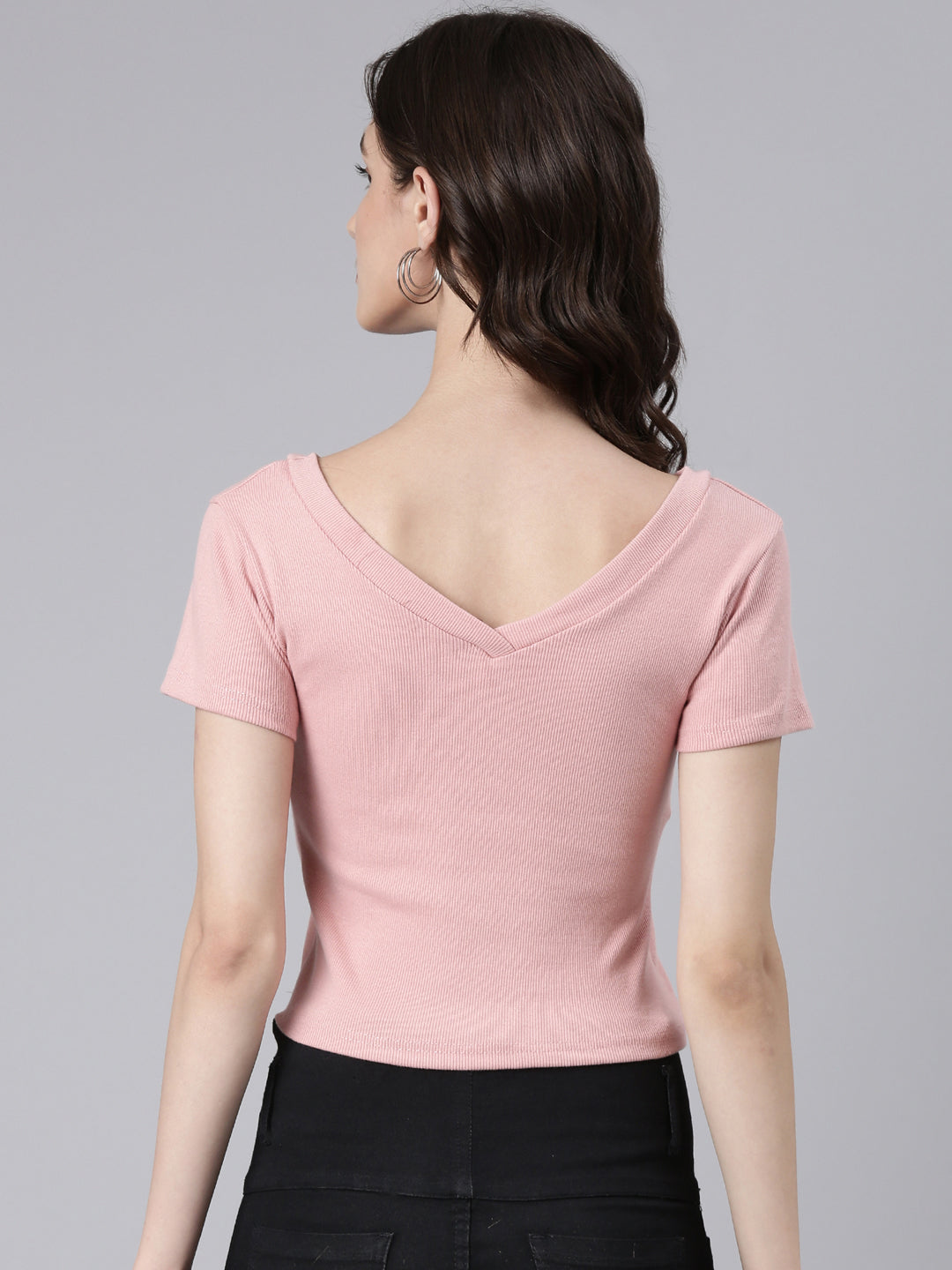 Women Peach Solid Crop Slim Fit Tshirt