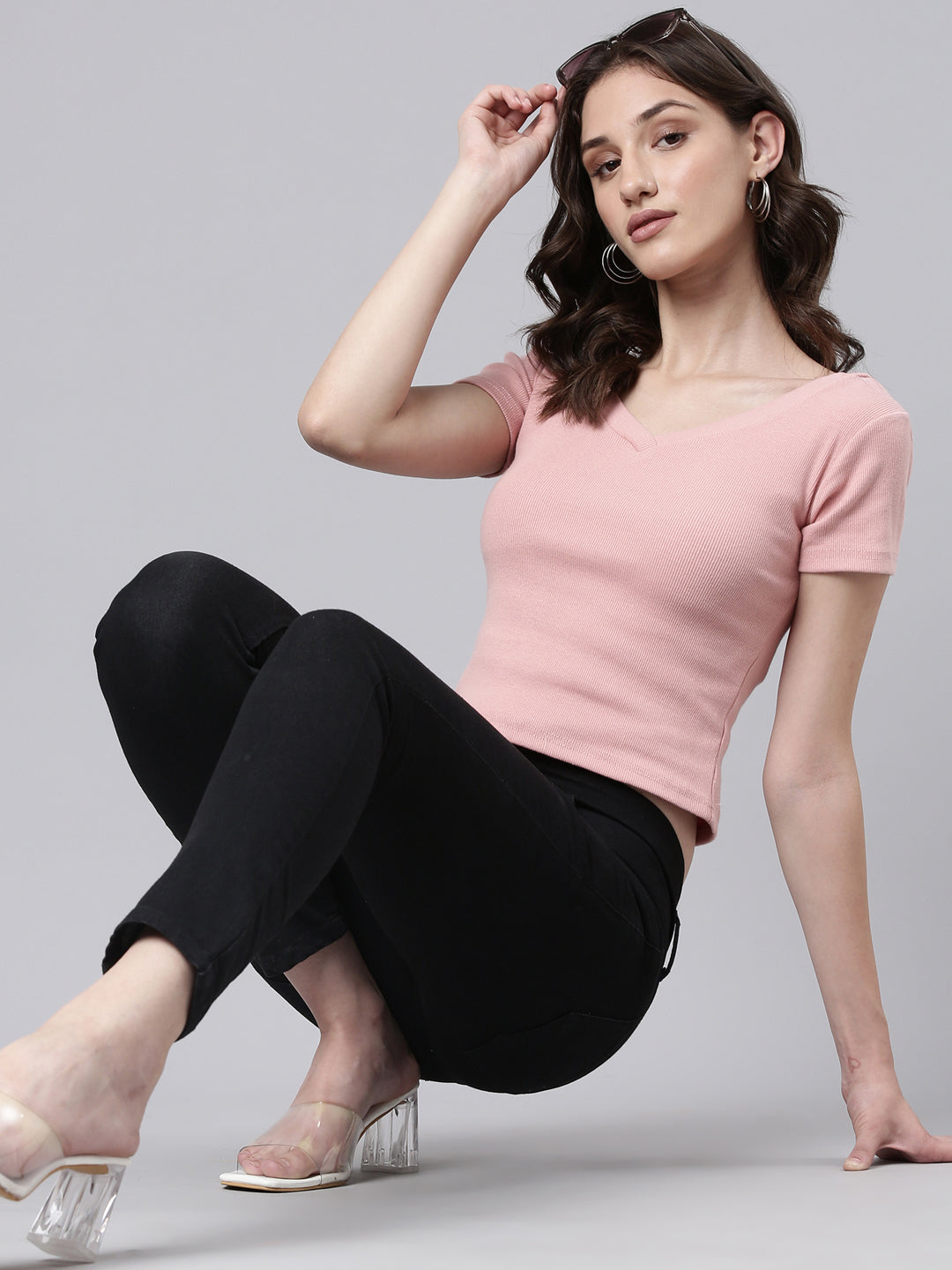 Women Peach Solid Crop Slim Fit Tshirt