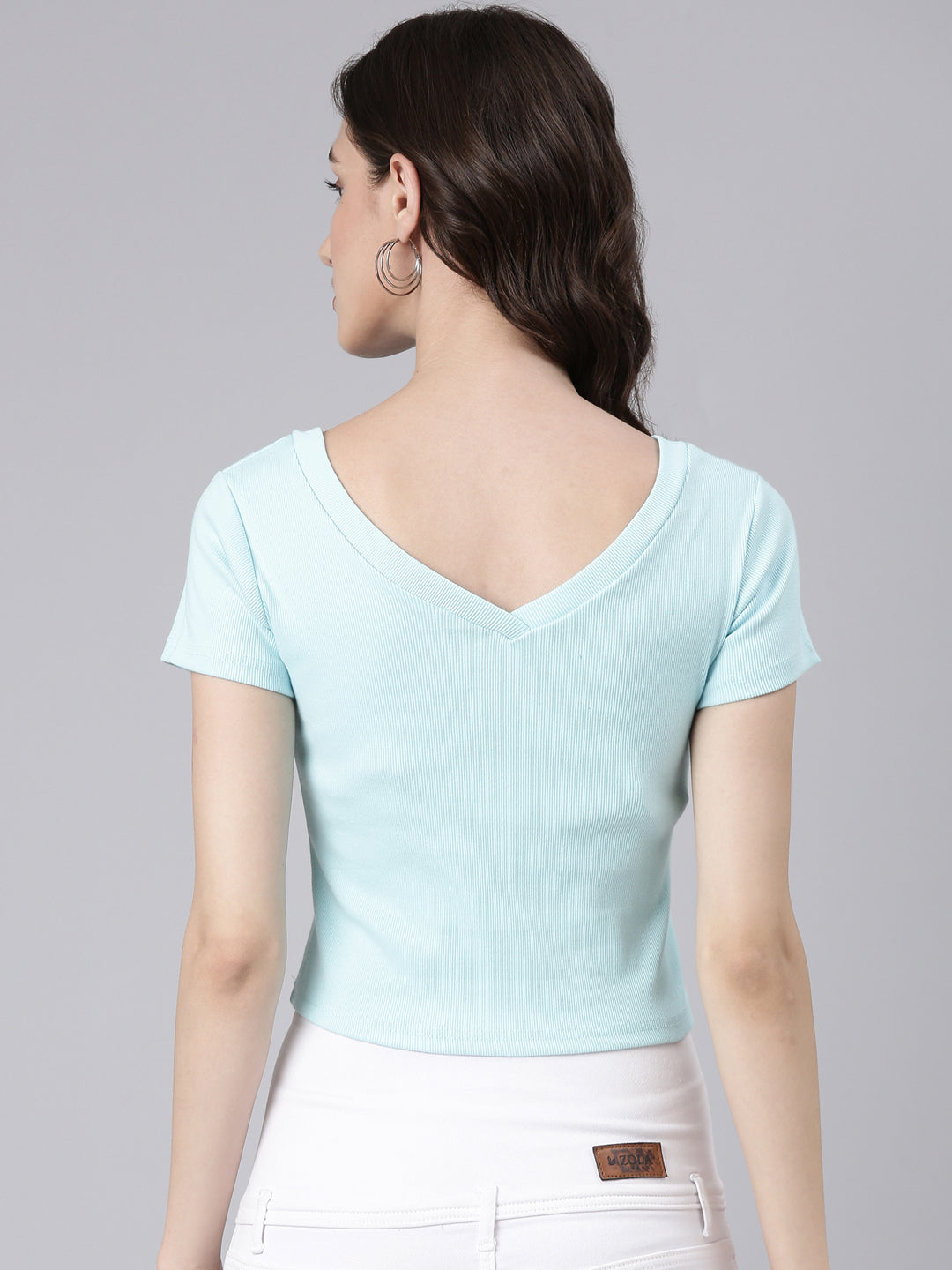 Women Turquoise Blue Solid Crop Slim Fit Tshirt