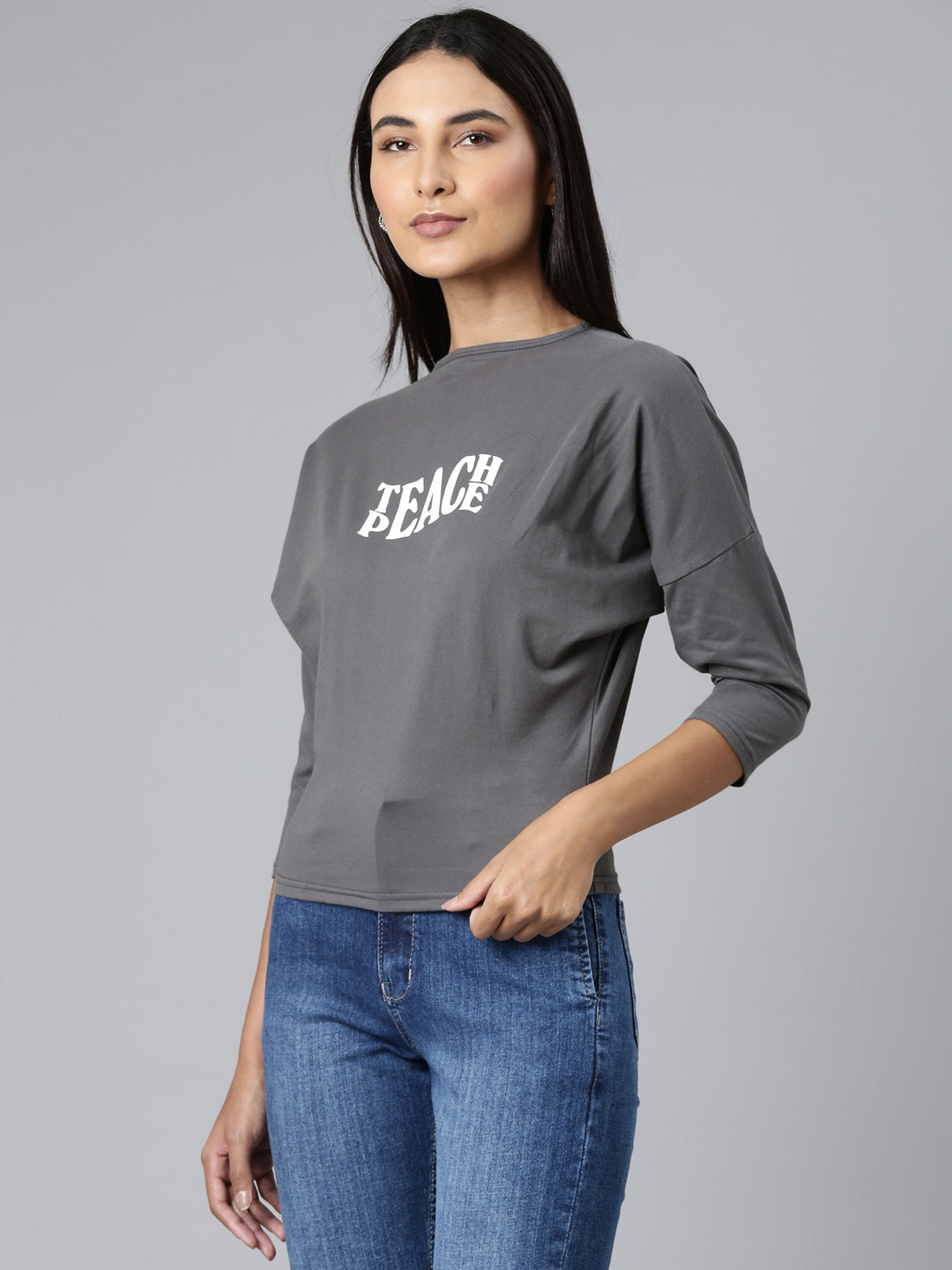 Women Grey Typographic Slim Fit Tshirt