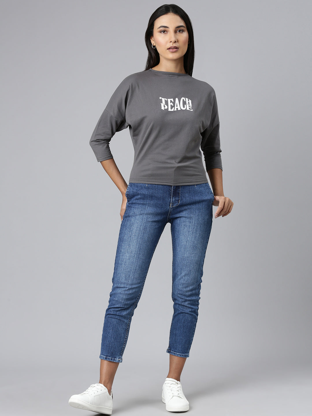 Women Grey Typographic Slim Fit Tshirt