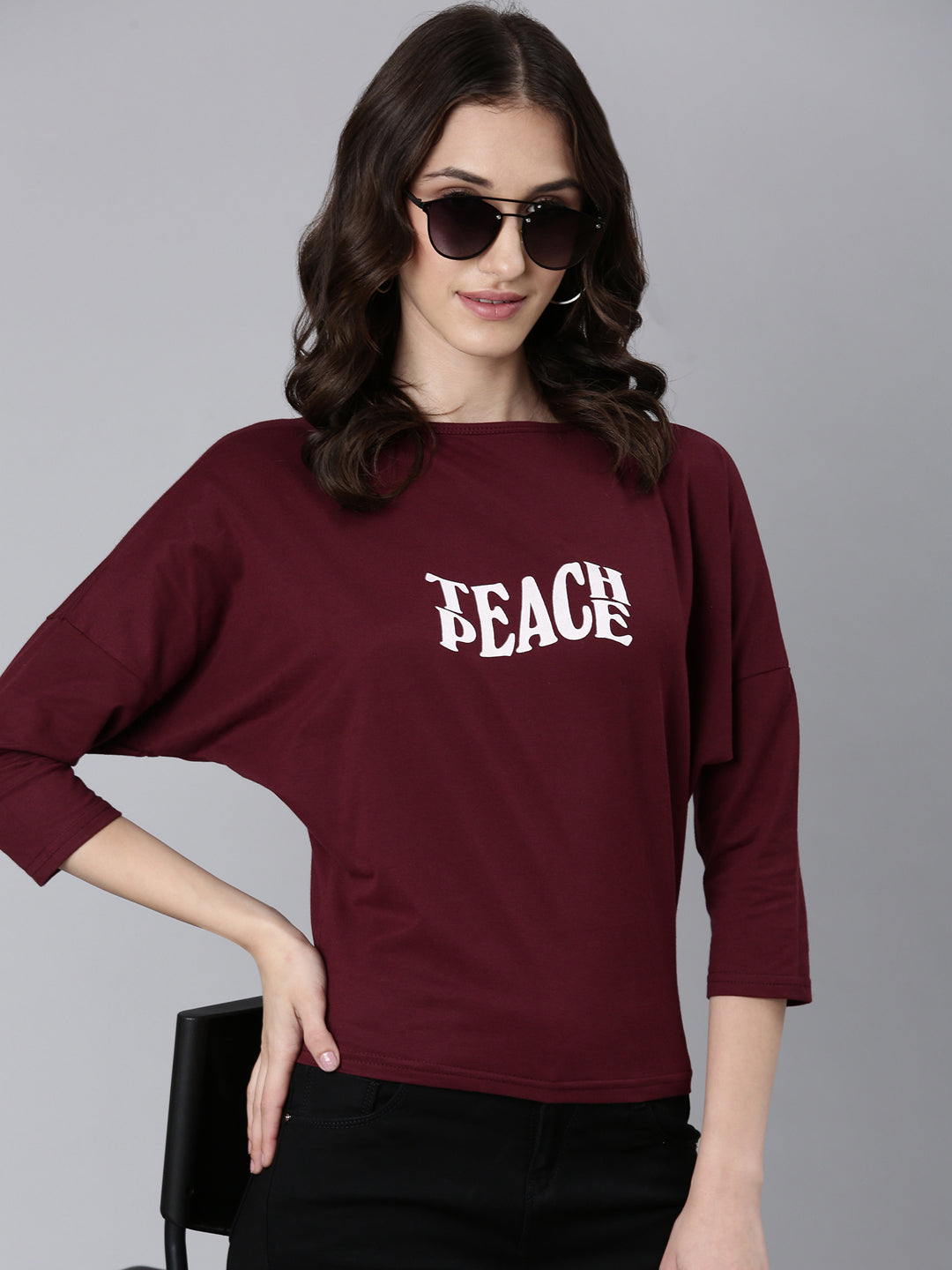 Women Maroon Typographic Slim Fit Tshirt