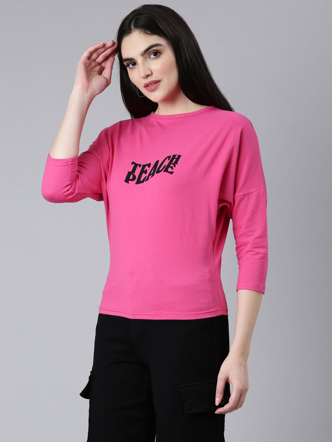 Women Pink Typographic Slim Fit Tshirt