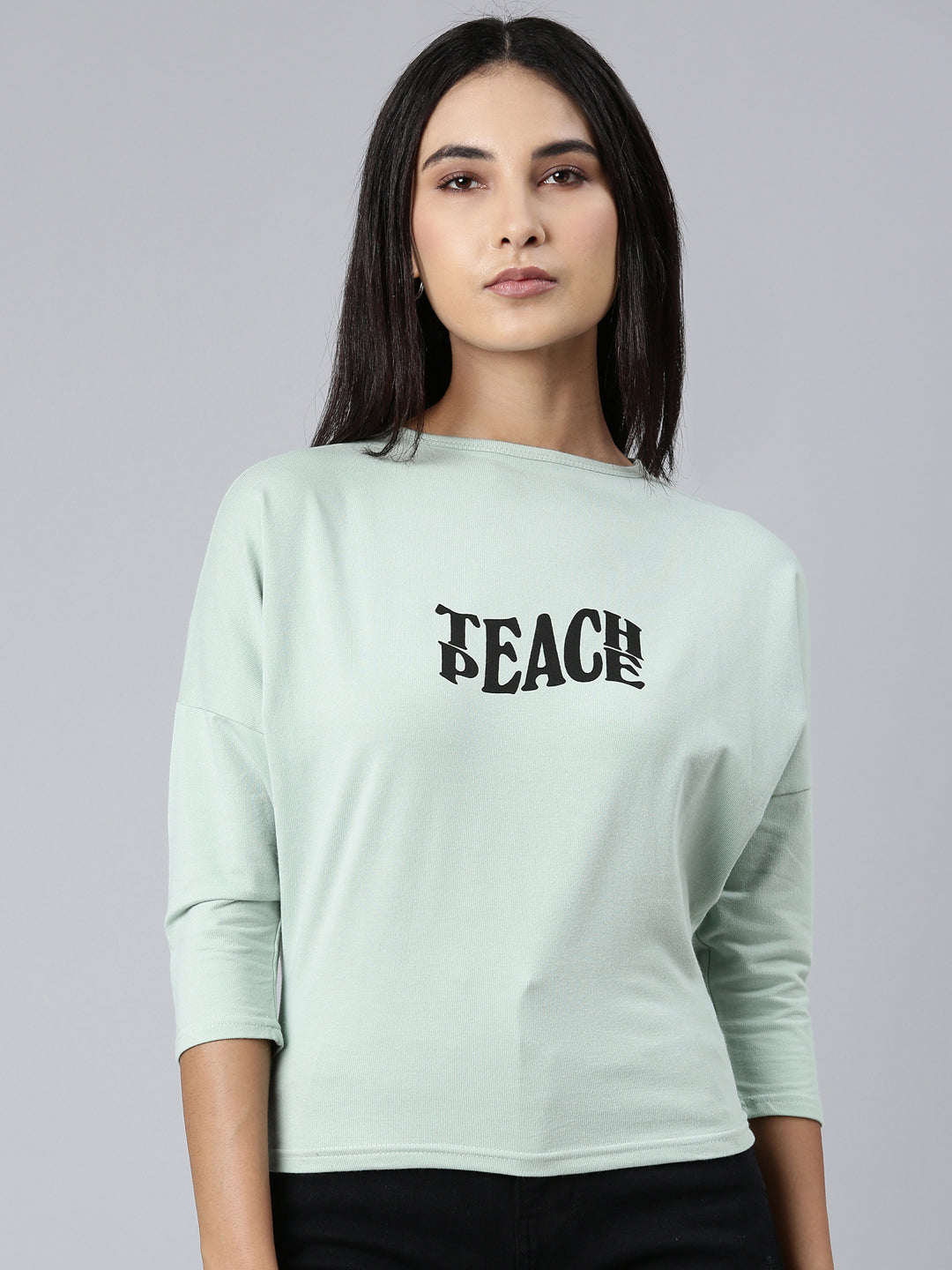 Women Sea Green Typographic Slim Fit Tshirt