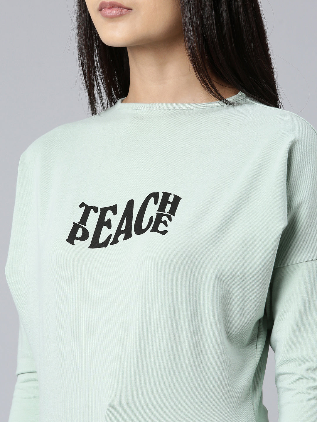 Women Sea Green Typographic Slim Fit Tshirt