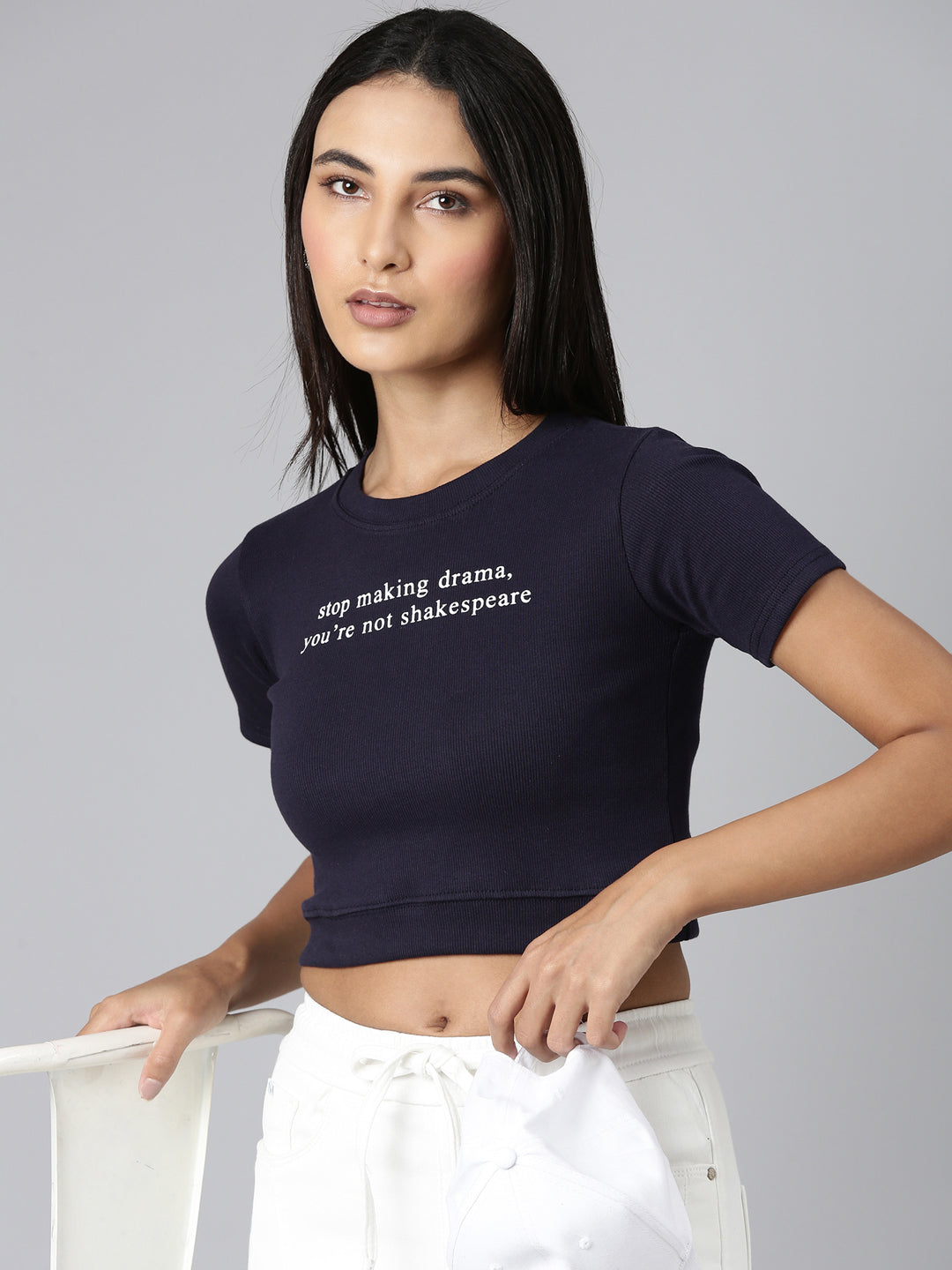 Women Navy Blue Typographic Crop Slim Fit Tshirt