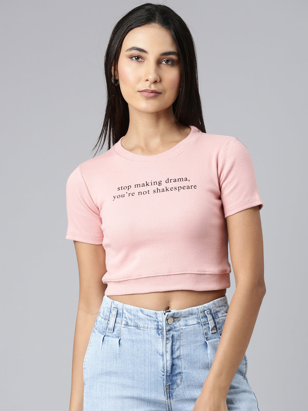 Women Peach Typographic Crop Slim Fit Tshirt