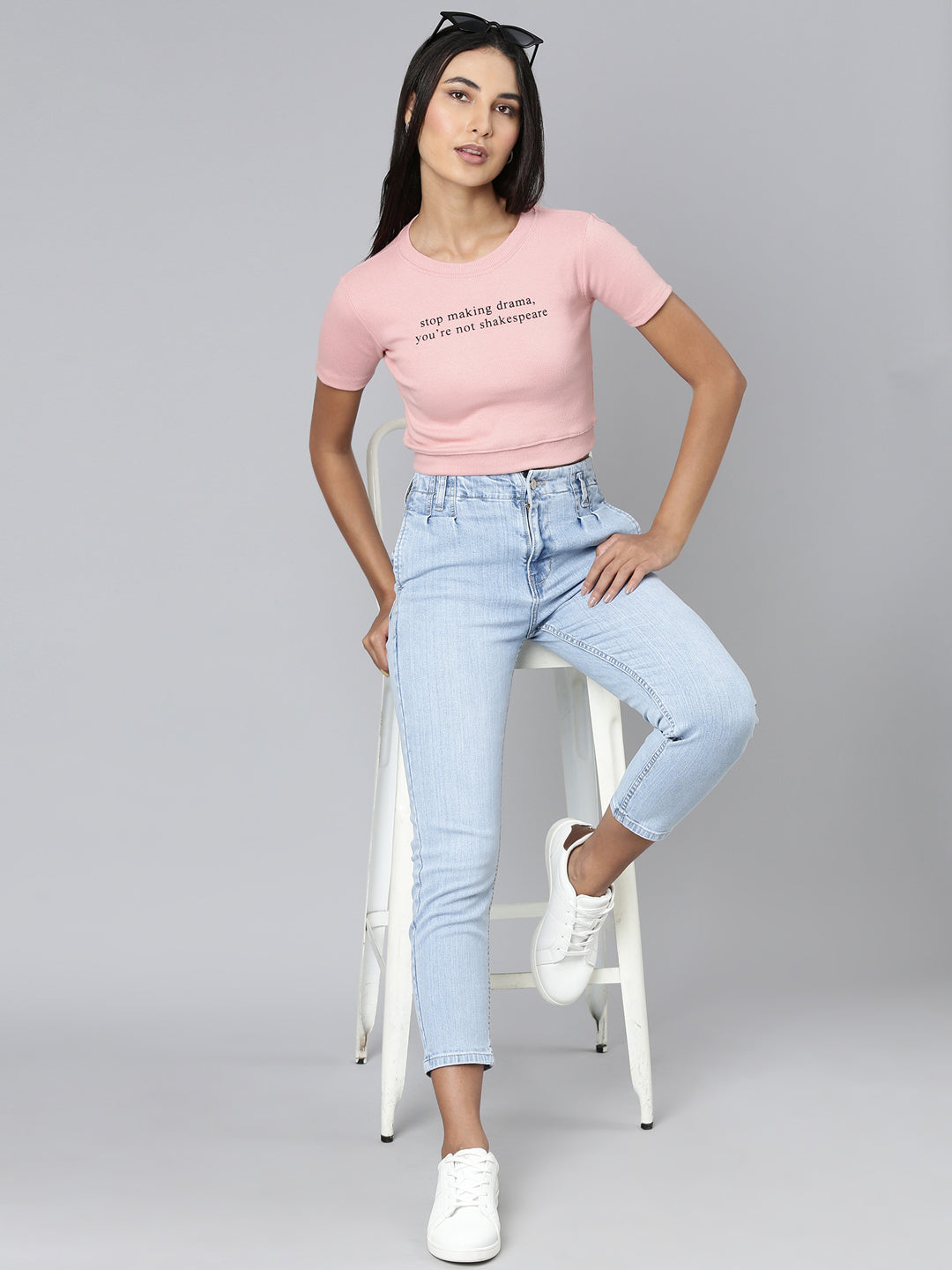 Women Peach Typographic Crop Slim Fit Tshirt