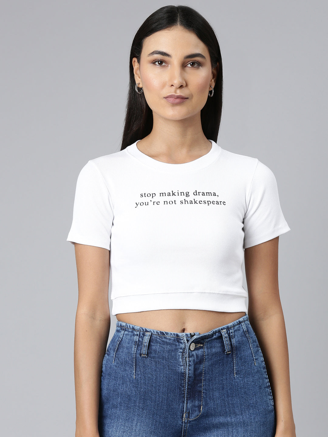 Women White Typographic Crop Slim Fit Tshirt