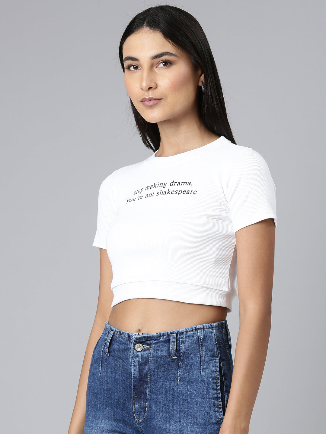 Women White Typographic Crop Slim Fit Tshirt