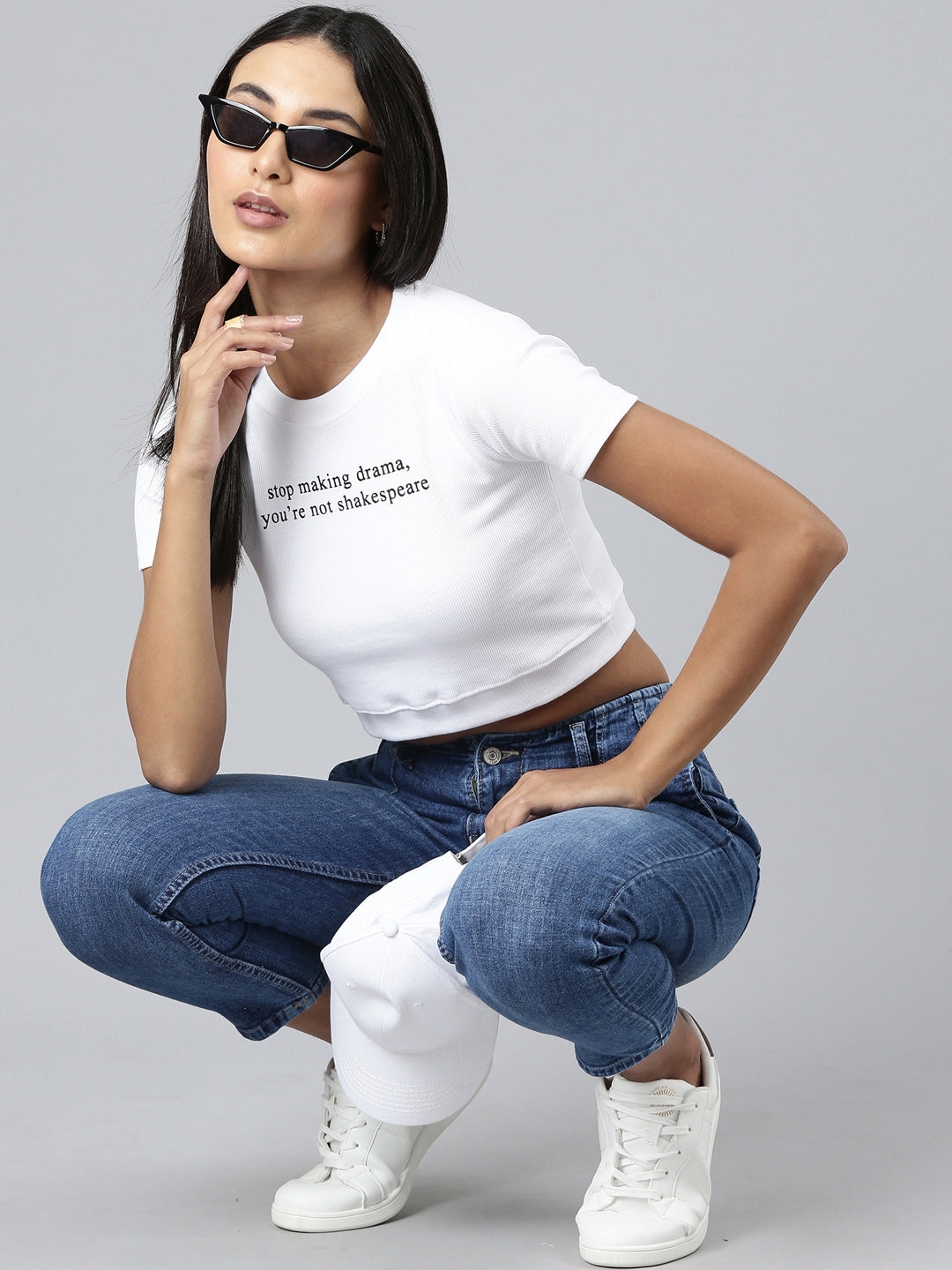 Women White Typographic Crop Slim Fit Tshirt