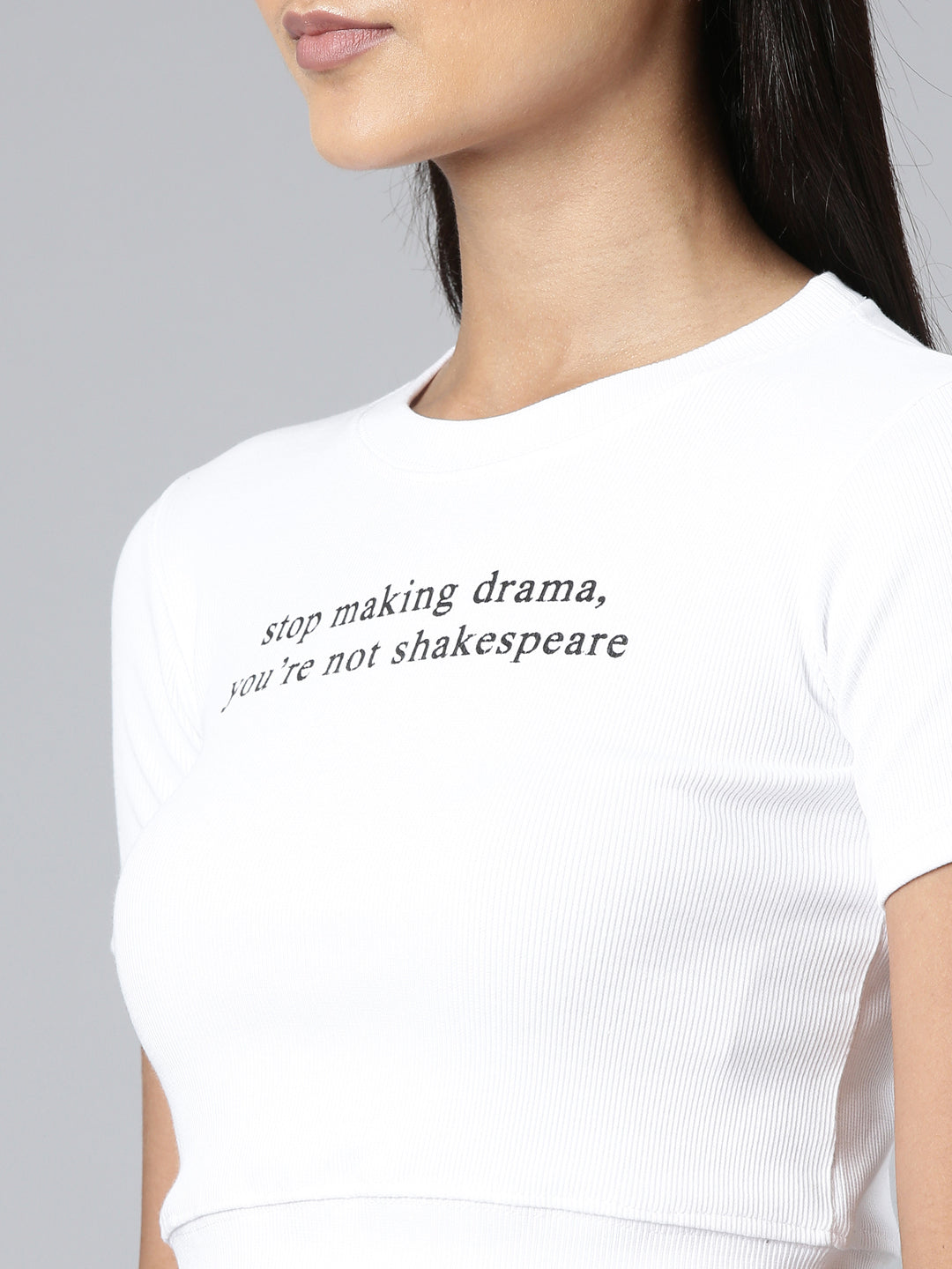 Women White Typographic Crop Slim Fit Tshirt