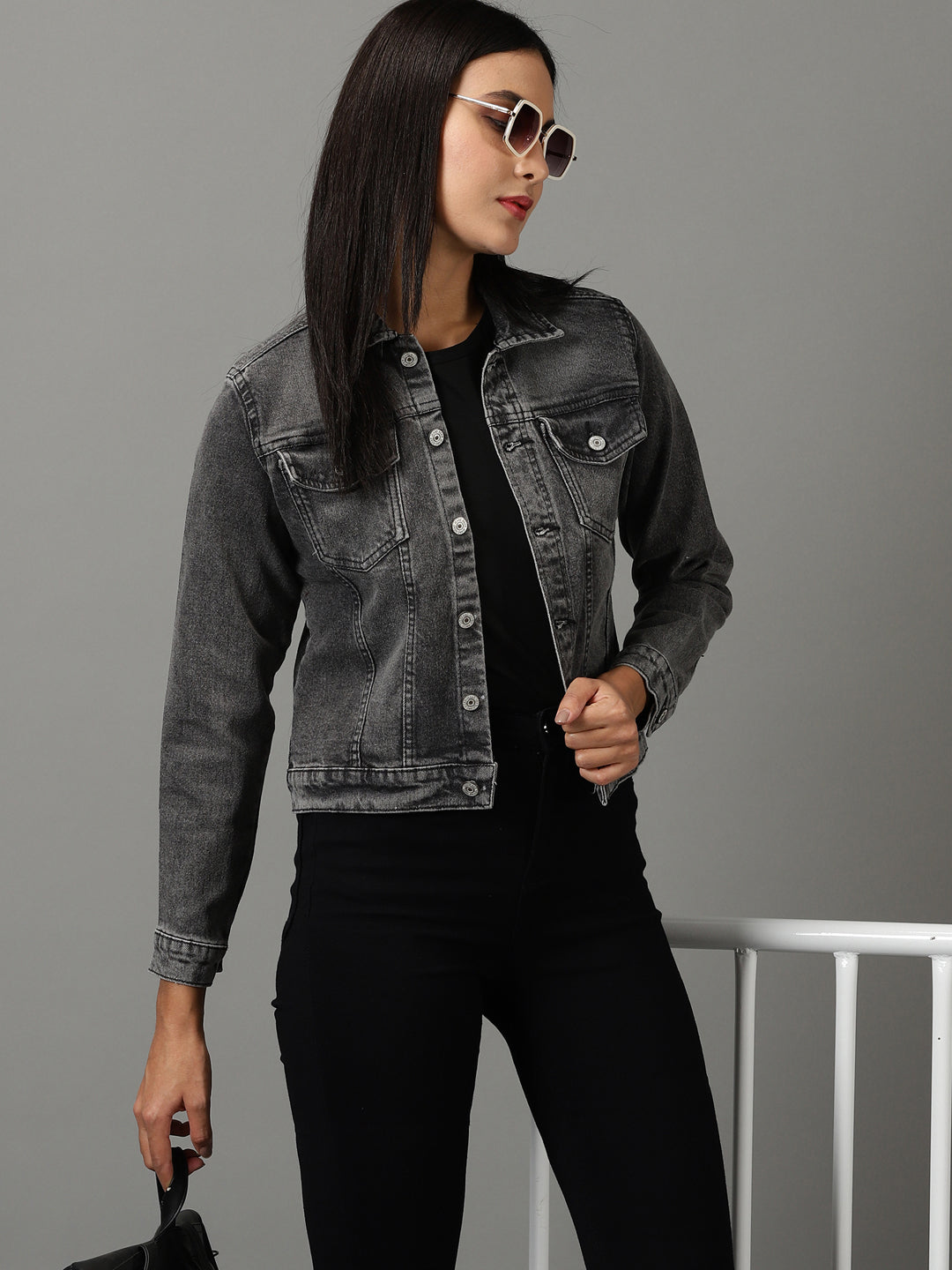 Women's Grey Solid Denim Jacket