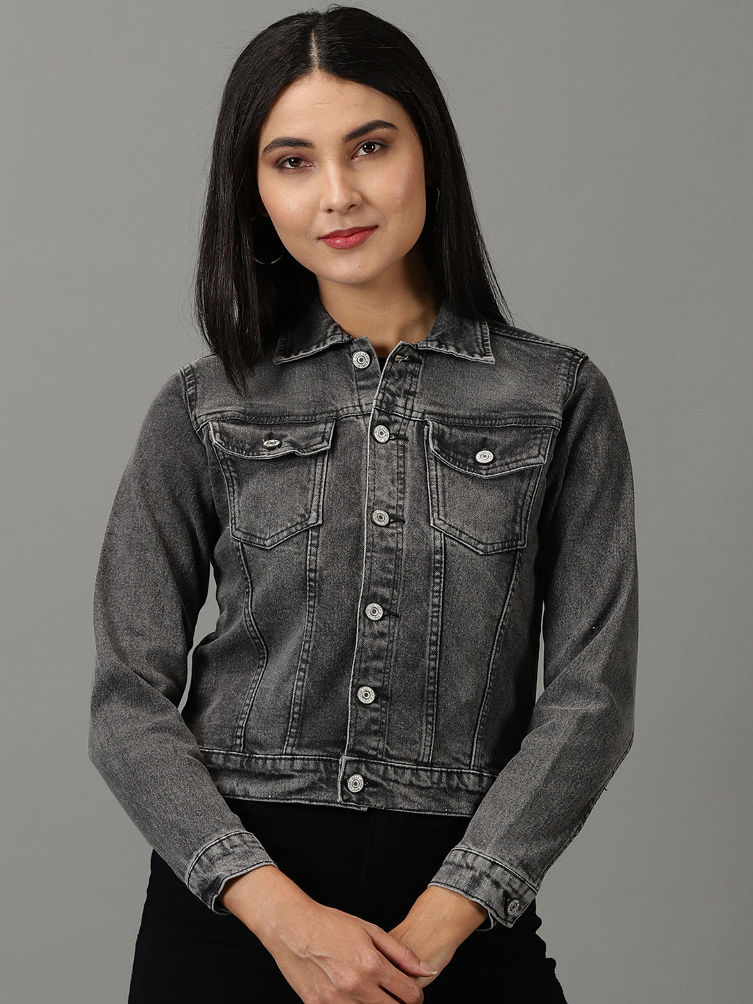 Women's Grey Solid Denim Jacket