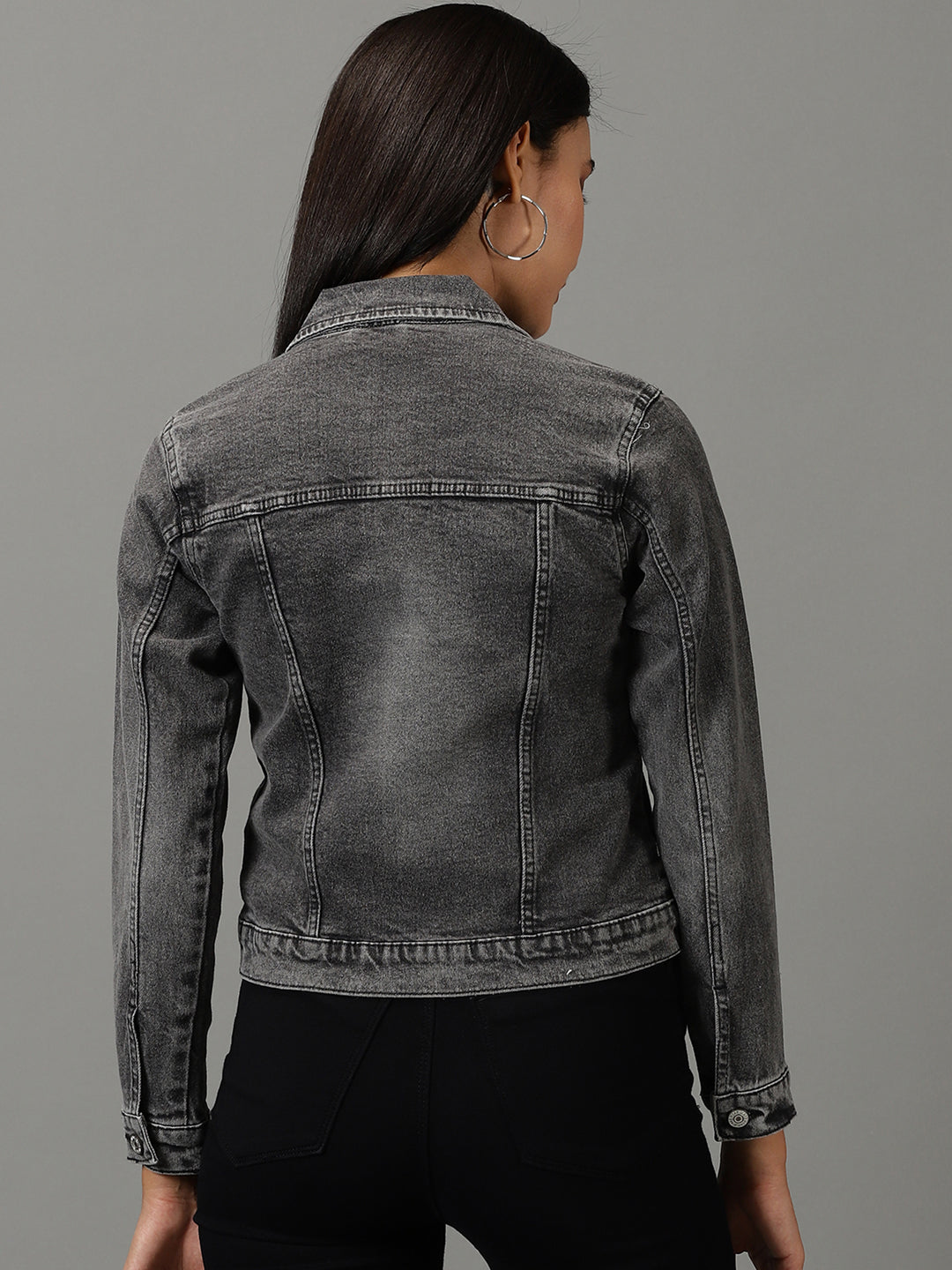 Women's Grey Solid Denim Jacket