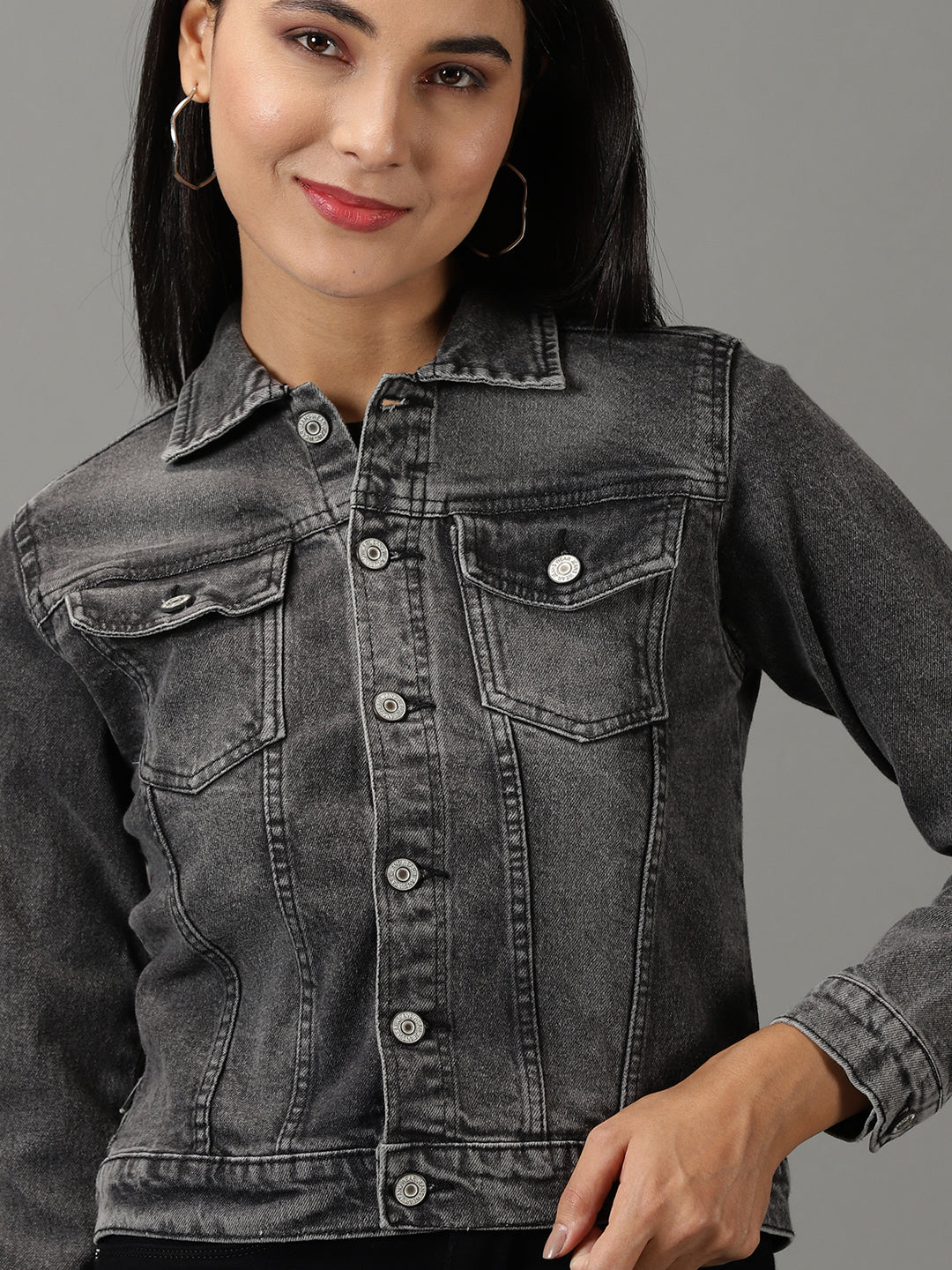 Women's Grey Solid Denim Jacket