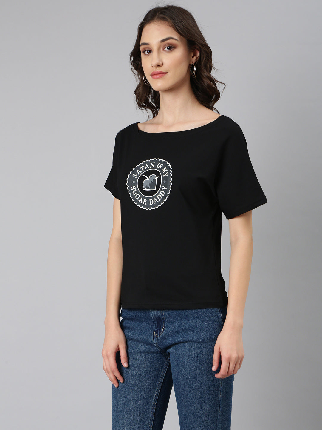 Women Black Typographic Slim Fit Tshirt