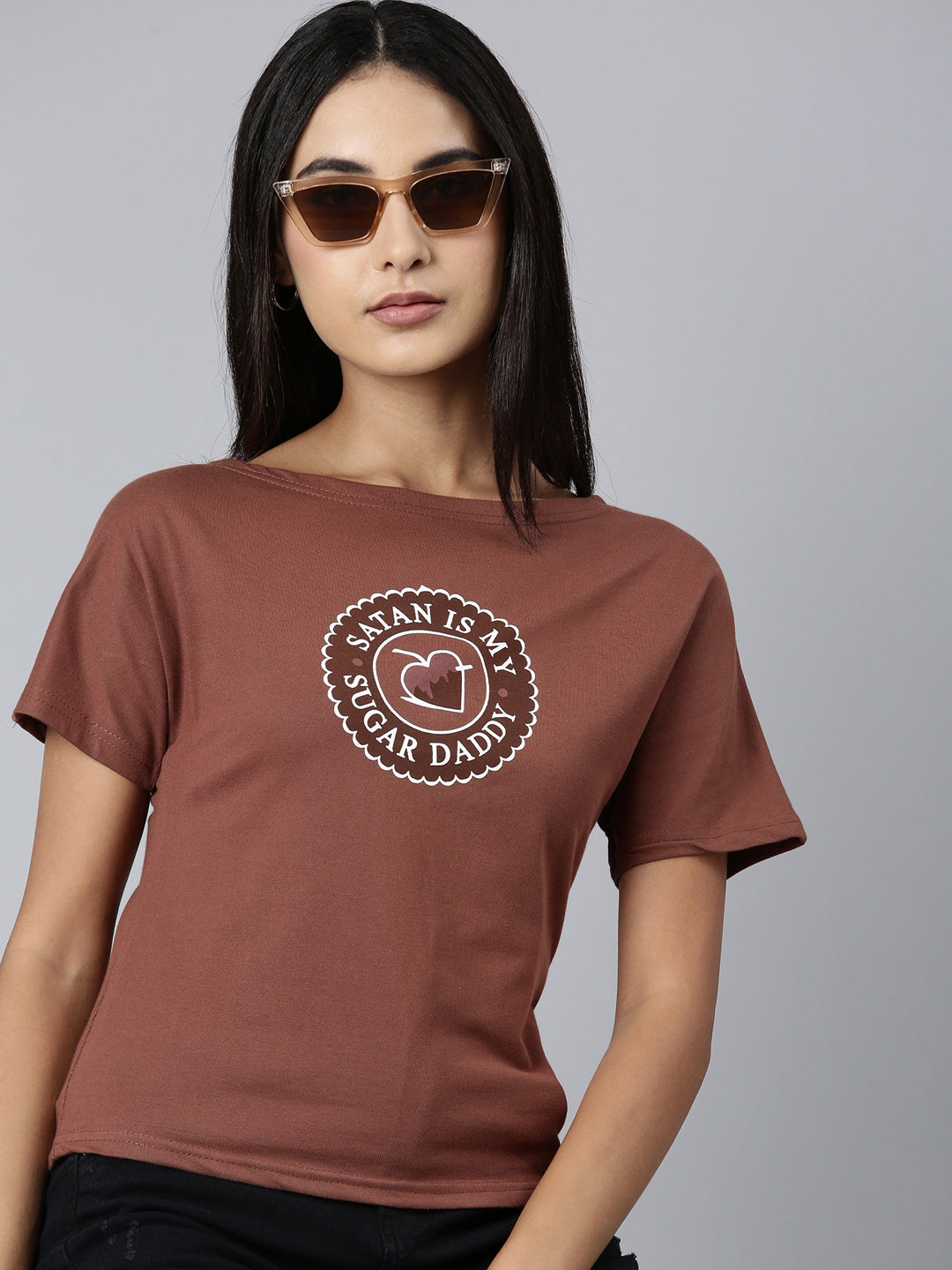 Women Brown Typographic Slim Fit Tshirt