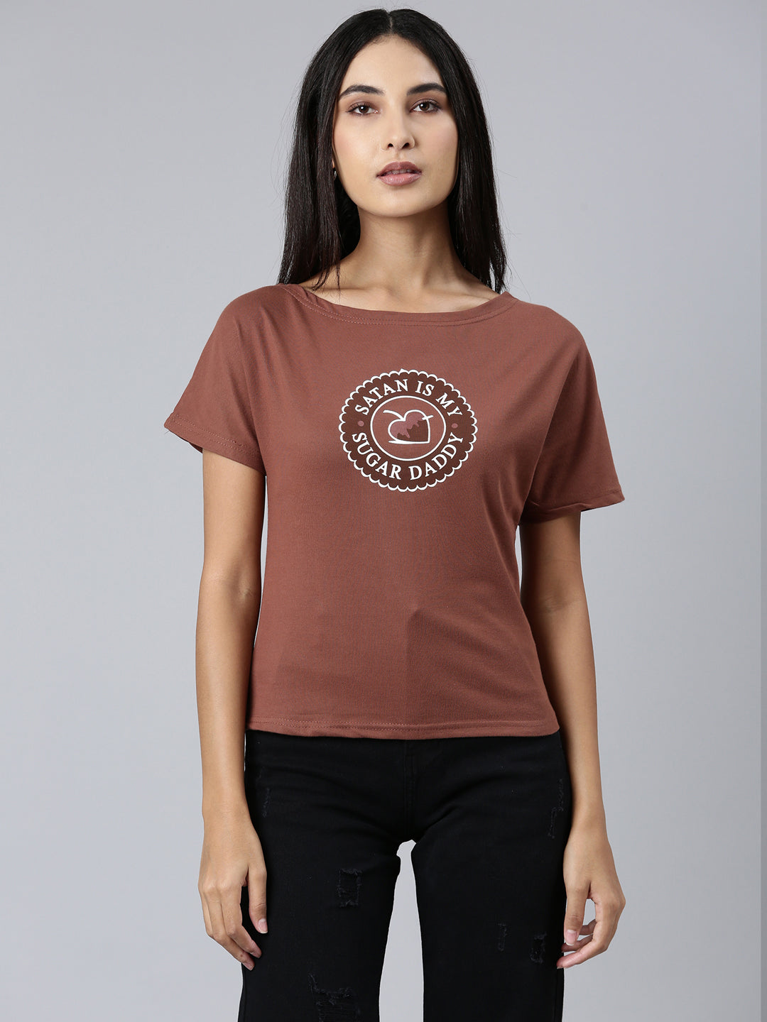 Women Brown Typographic Slim Fit Tshirt