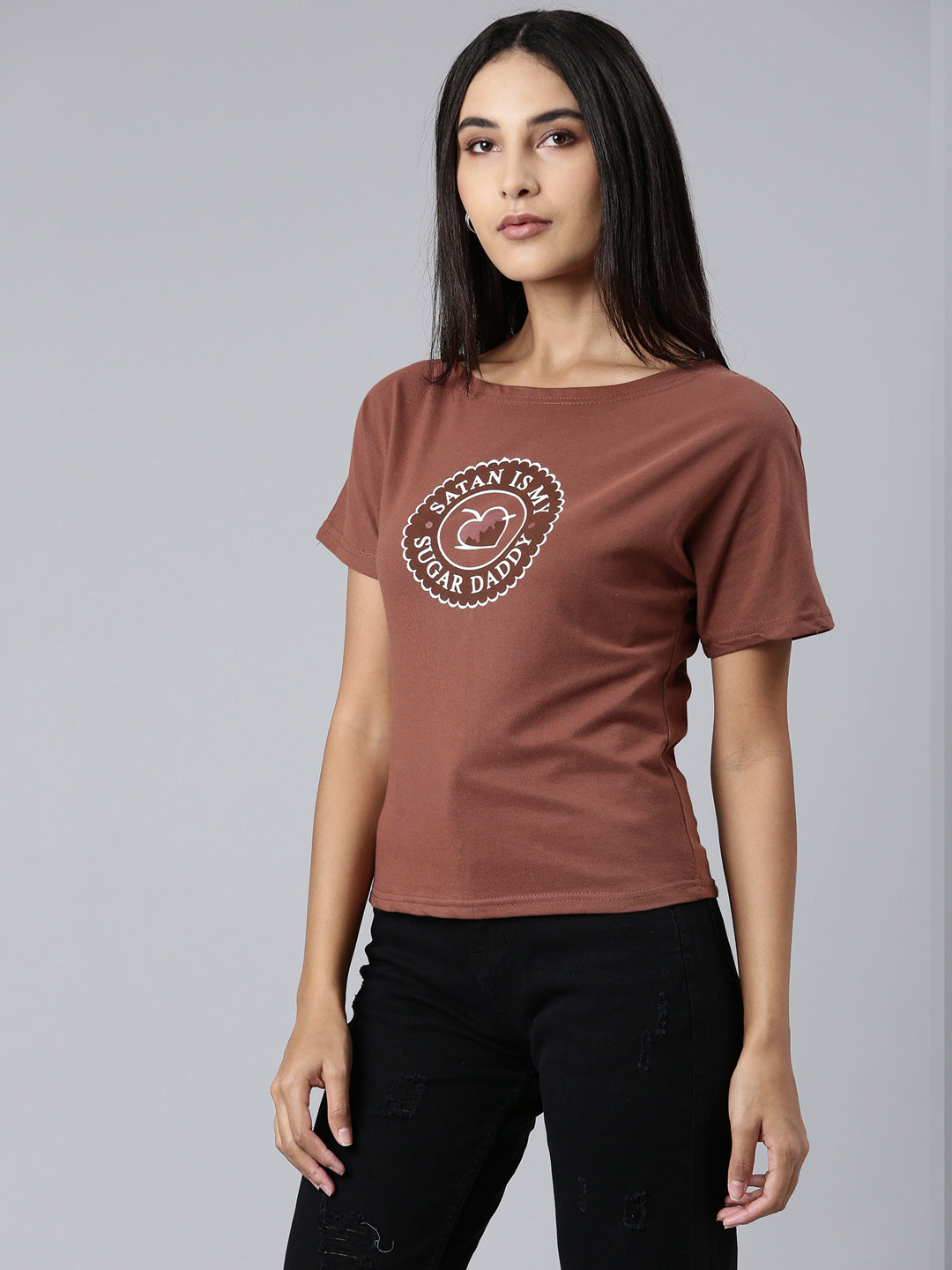 Women Brown Typographic Slim Fit Tshirt