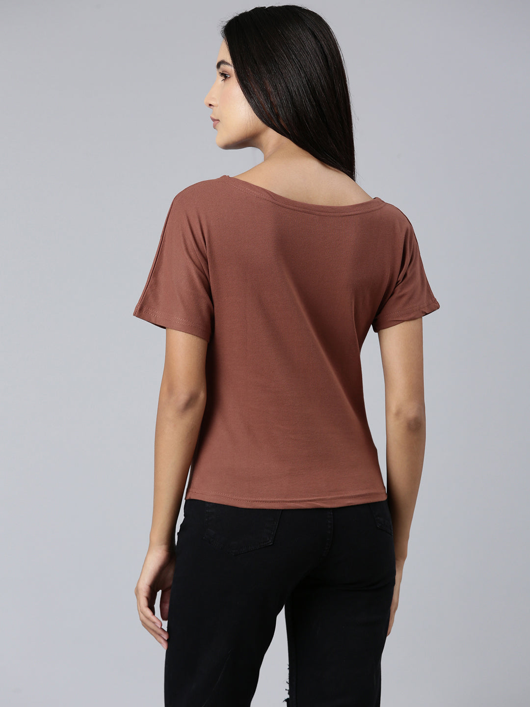 Women Brown Typographic Slim Fit Tshirt