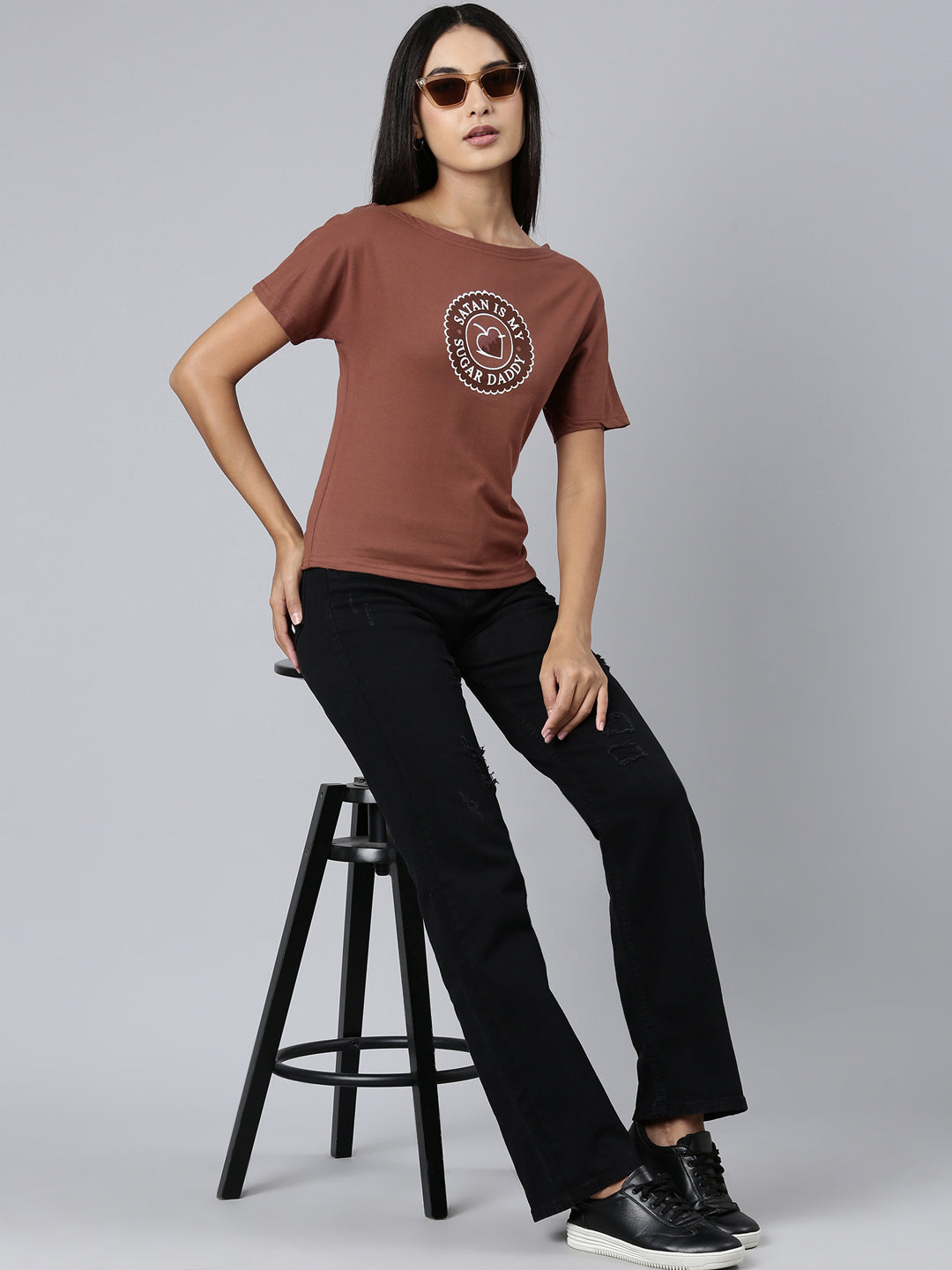 Women Brown Typographic Slim Fit Tshirt