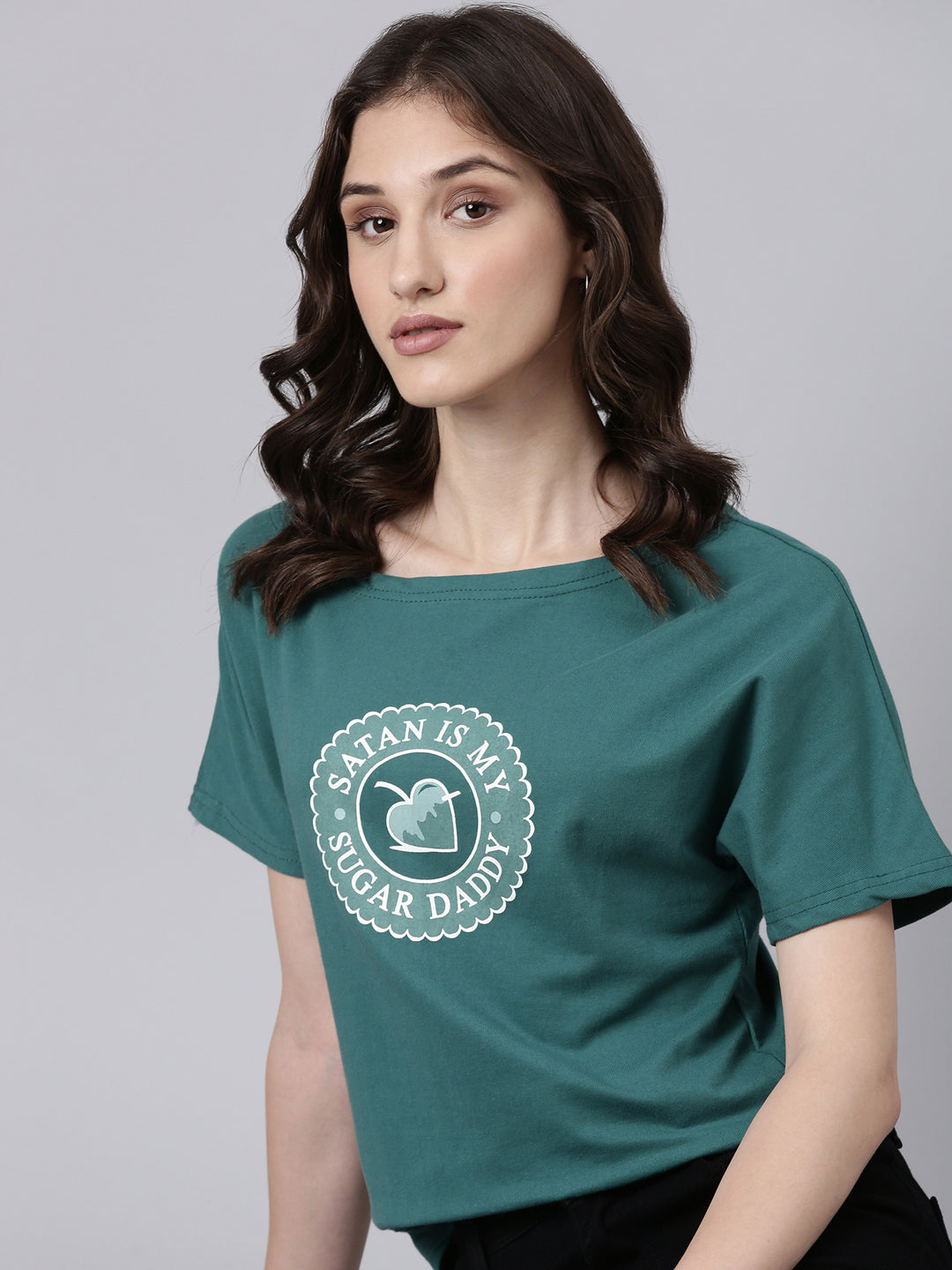 Women Green Typographic Slim Fit Tshirt