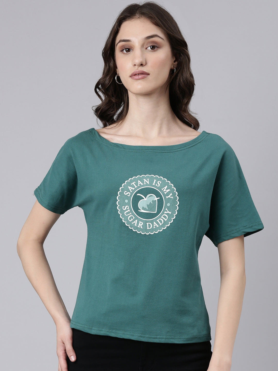 Women Green Typographic Slim Fit Tshirt