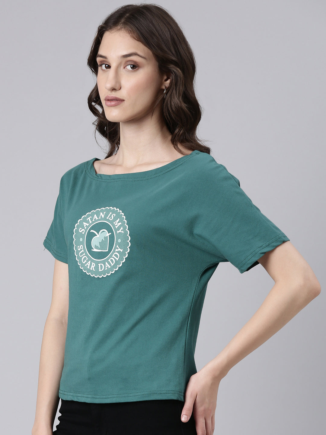 Women Green Typographic Slim Fit Tshirt