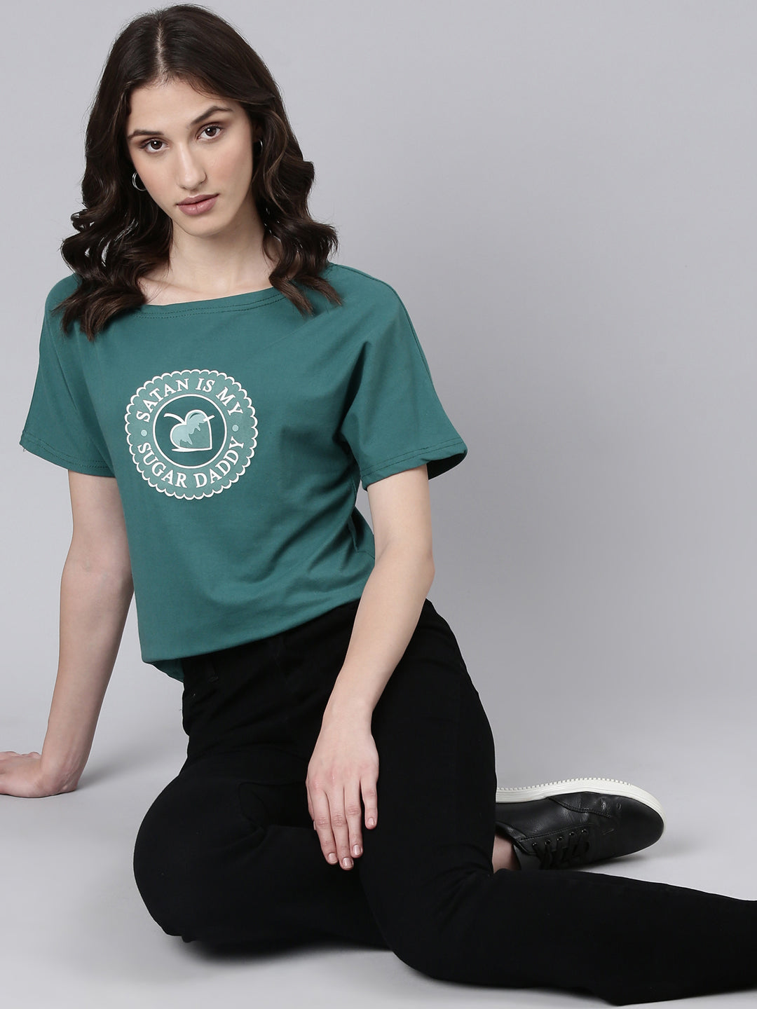 Women Green Typographic Slim Fit Tshirt