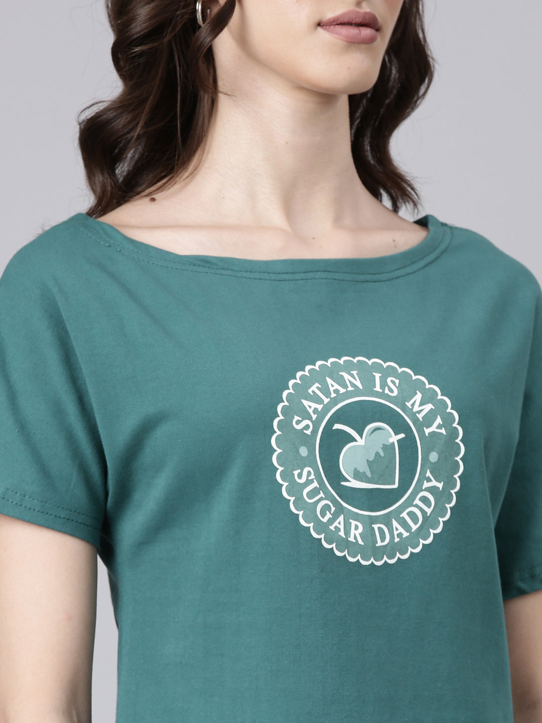 Women Green Typographic Slim Fit Tshirt