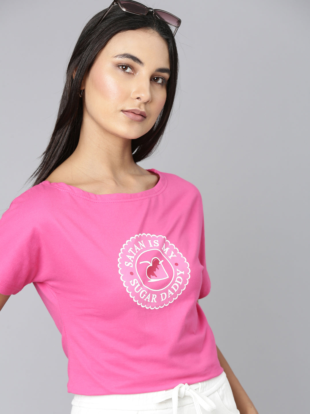 Women Pink Typographic Slim Fit Tshirt