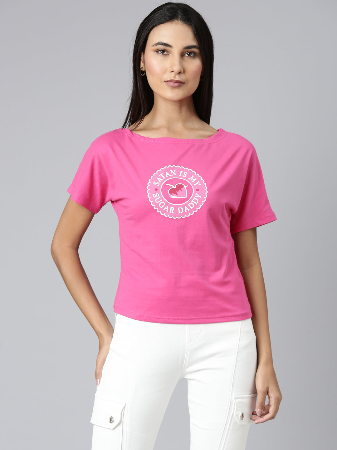 Women Pink Typographic Slim Fit Tshirt