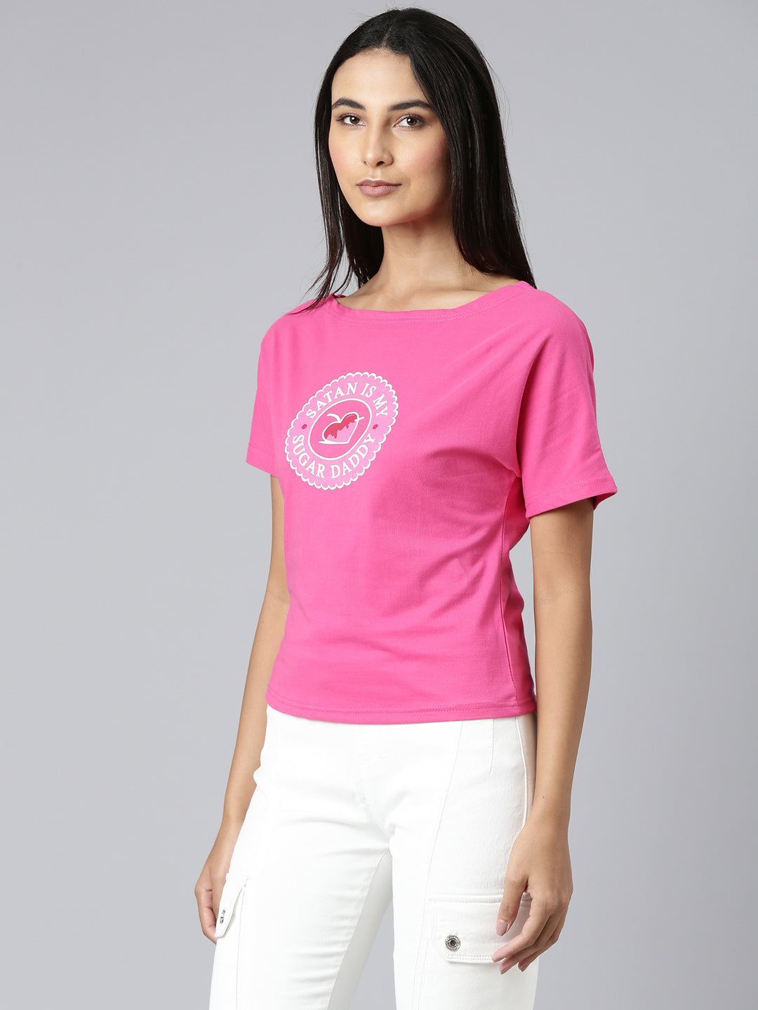 Women Pink Typographic Slim Fit Tshirt