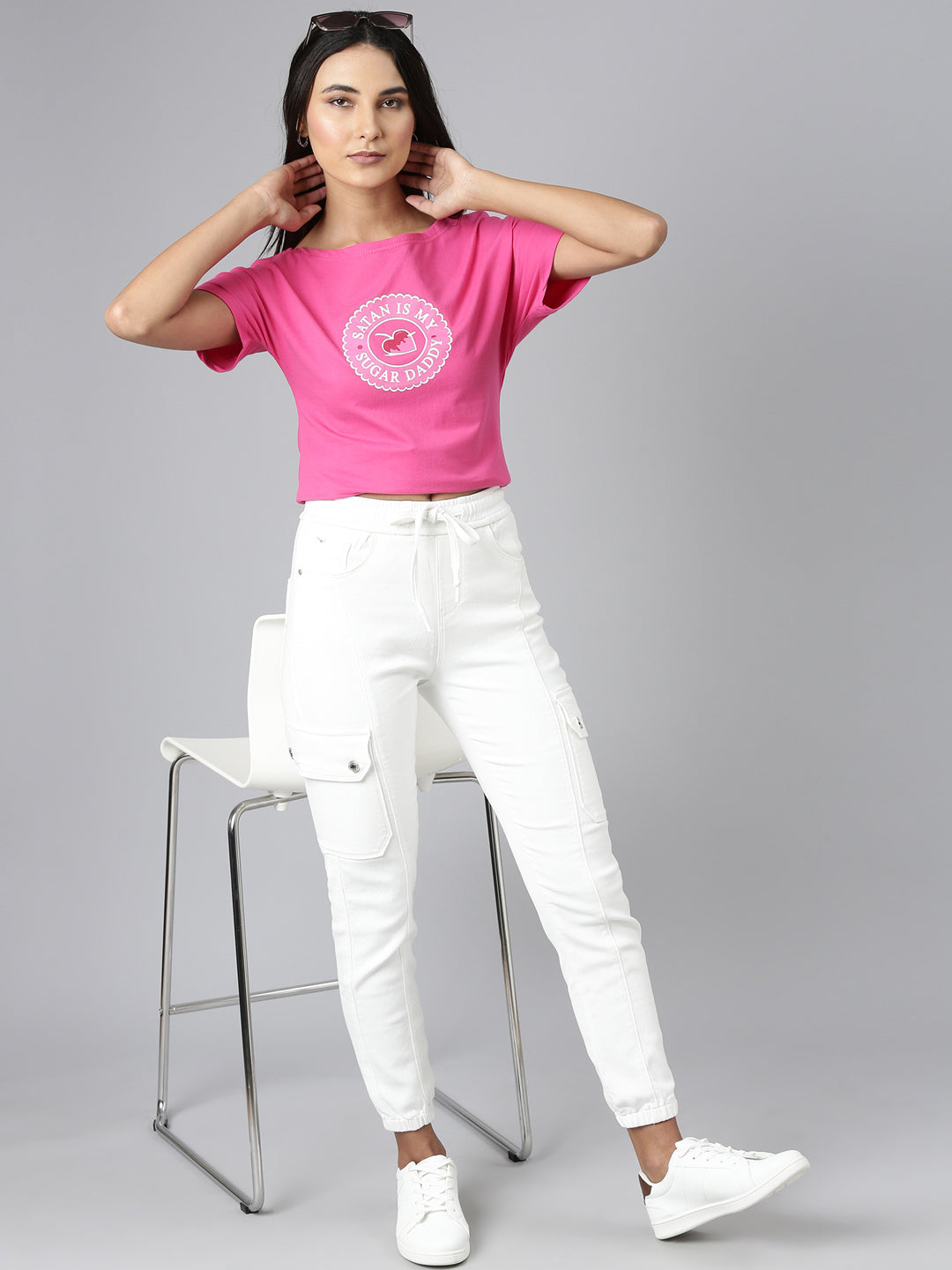 Women Pink Typographic Slim Fit Tshirt