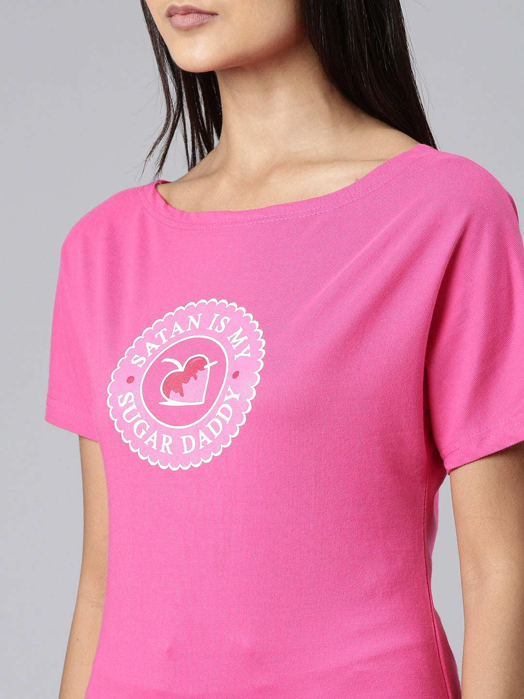 Women Pink Typographic Slim Fit Tshirt