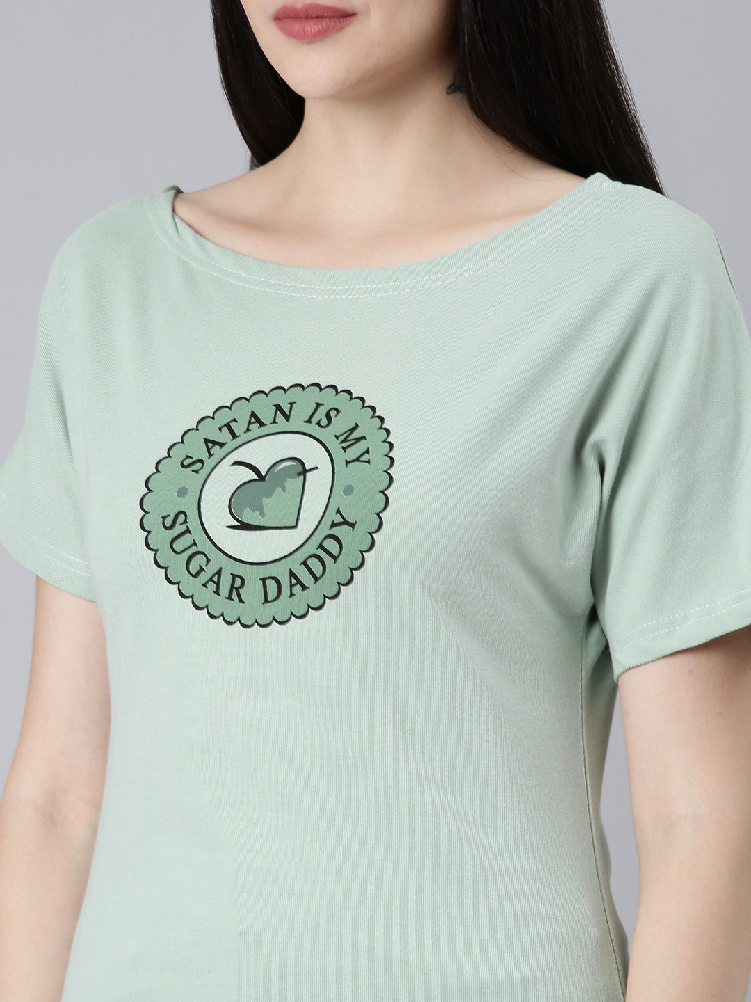 Women Sea Green Typographic Slim Fit Tshirt