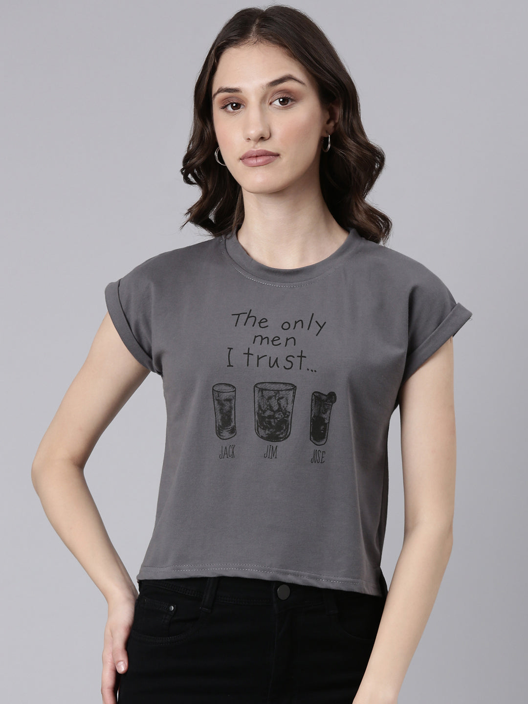 Women Grey Typographic Slim Fit Tshirt