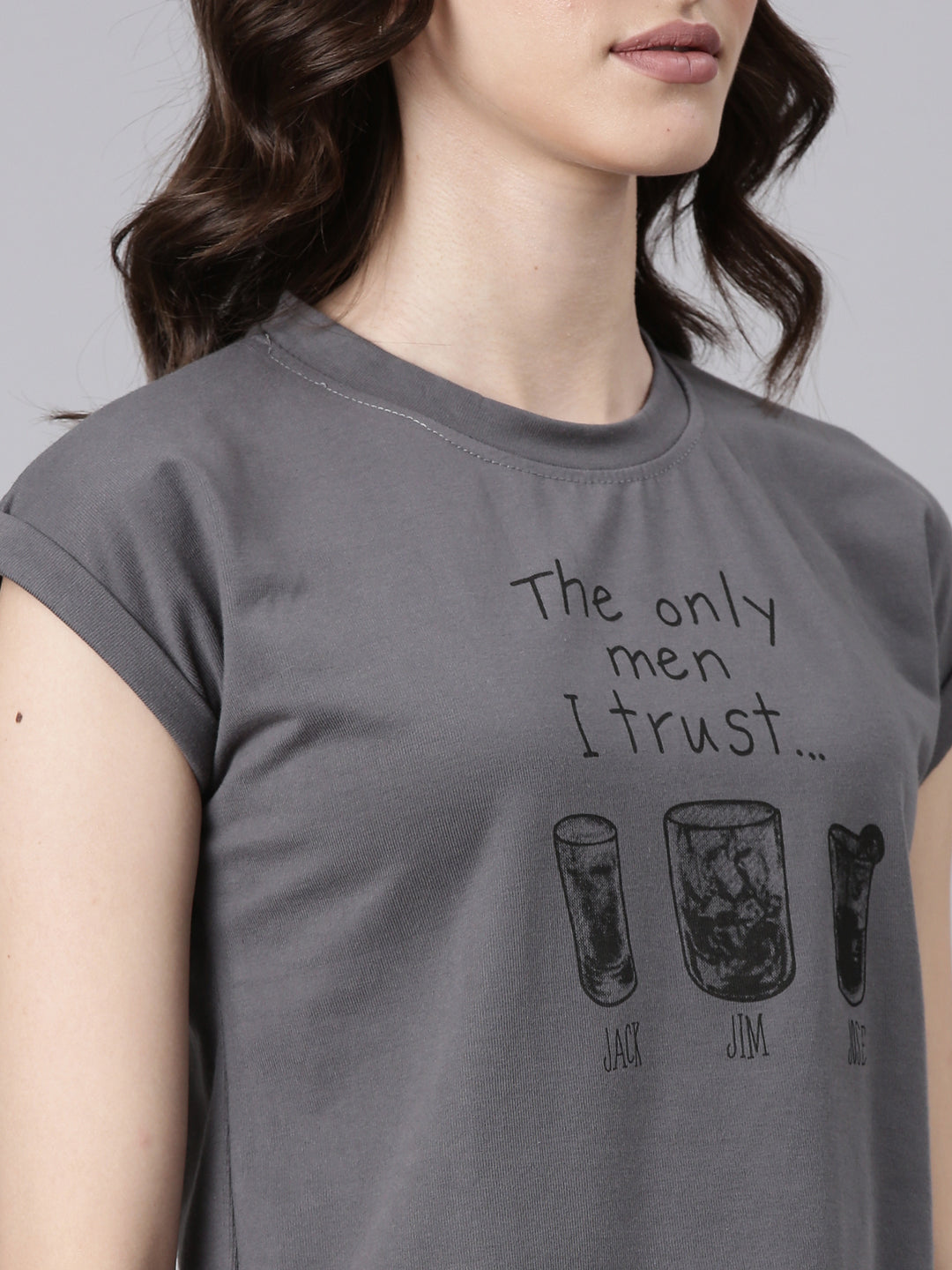 Women Grey Typographic Slim Fit Tshirt