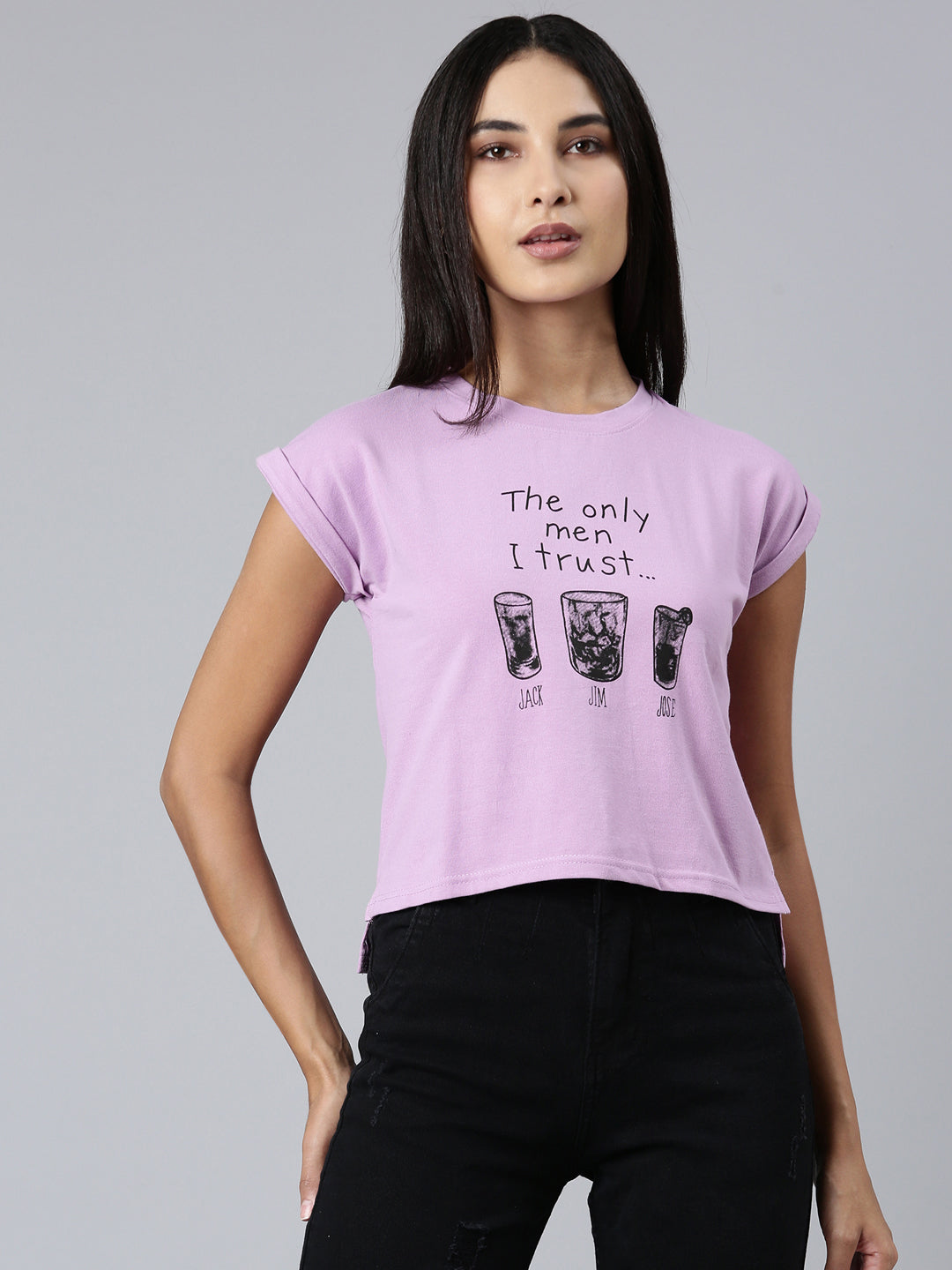 Women Lavender Typographic Slim Fit Tshirt