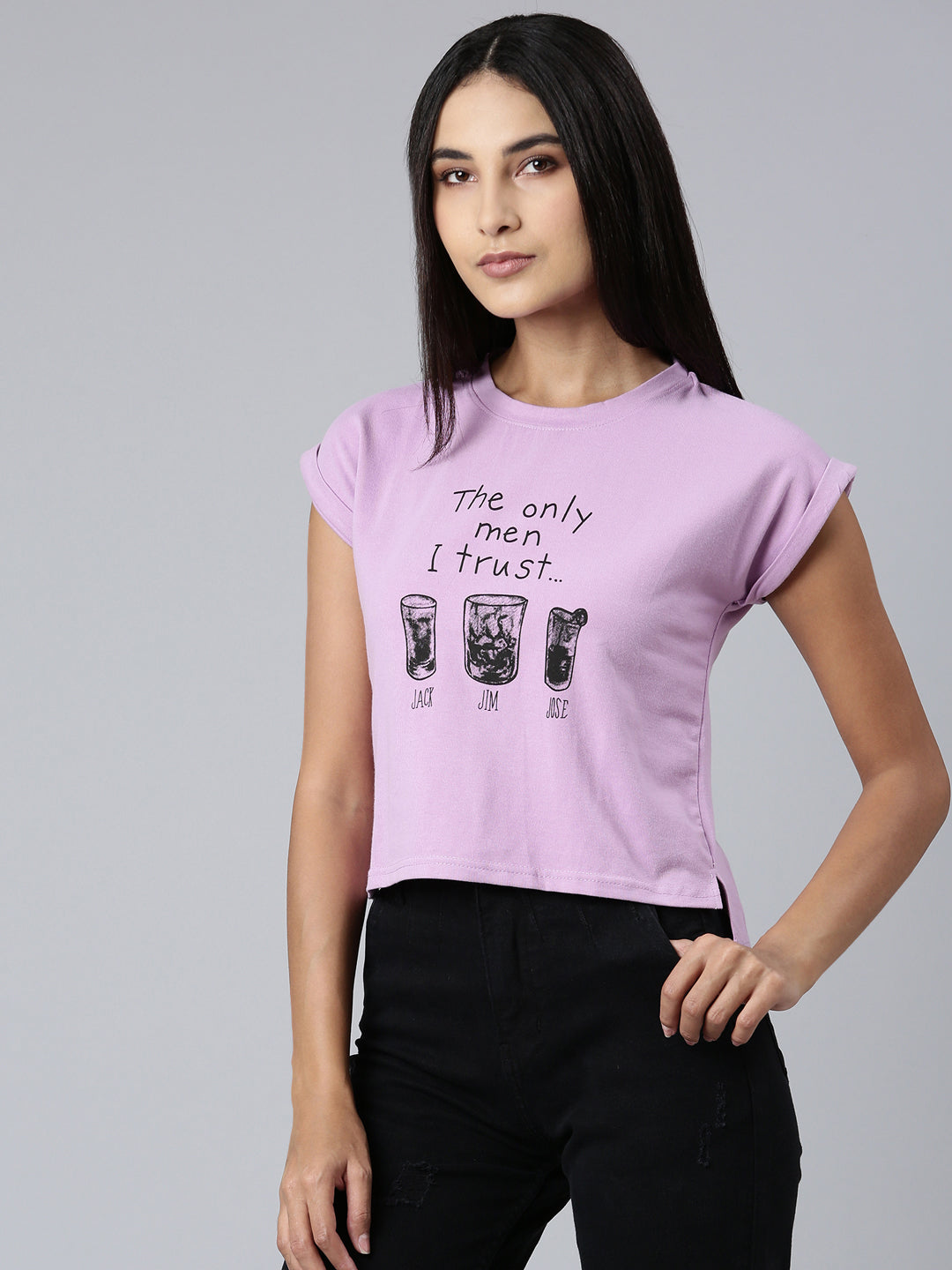 Women Lavender Typographic Slim Fit Tshirt